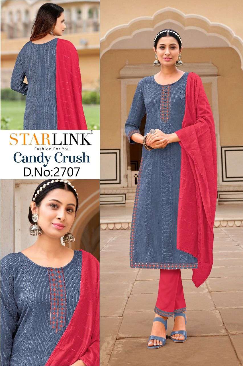 CANDY CRUSH BY STARLINK 2701 TO 2710 SERIES BEAUTIFUL SUITS COLORFUL STYLISH FANCY CASUAL WEAR & ETHNIC WEAR RAYON EMBROIDERED DRESSES AT WHOLESALE PRICE