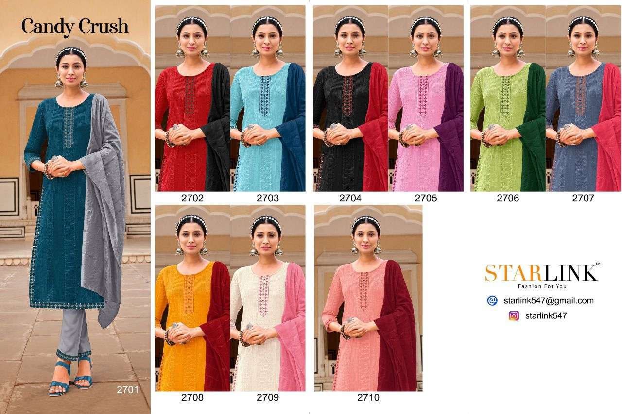CANDY CRUSH BY STARLINK 2701 TO 2710 SERIES BEAUTIFUL SUITS COLORFUL STYLISH FANCY CASUAL WEAR & ETHNIC WEAR RAYON EMBROIDERED DRESSES AT WHOLESALE PRICE