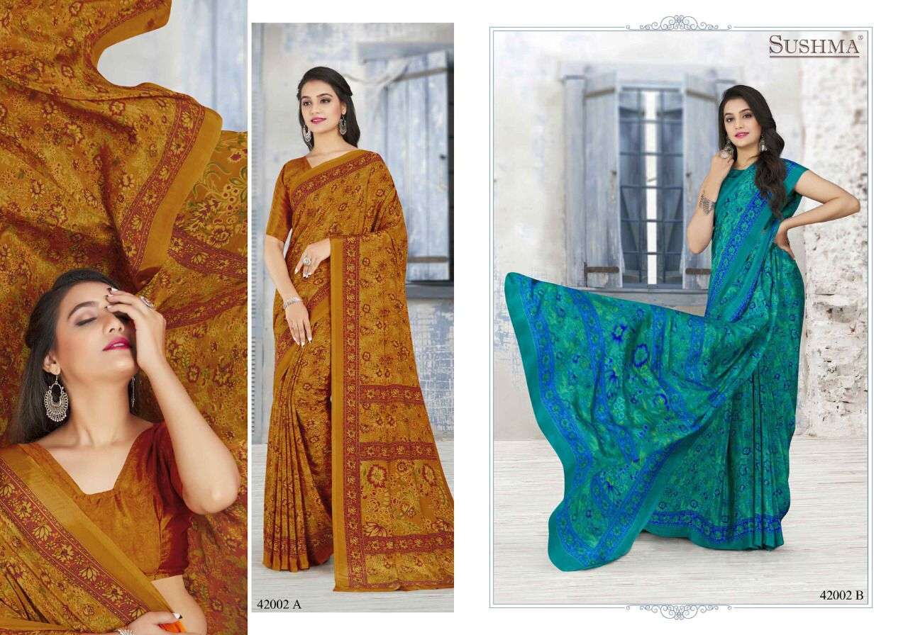 ETHNICA VOL-2 BY SUSHMA 42001-A TO 42006-B SERIES INDIAN TRADITIONAL WEAR COLLECTION BEAUTIFUL STYLISH FANCY COLORFUL PARTY WEAR & OCCASIONAL WEAR CREPE SAREES AT WHOLESALE PRICE