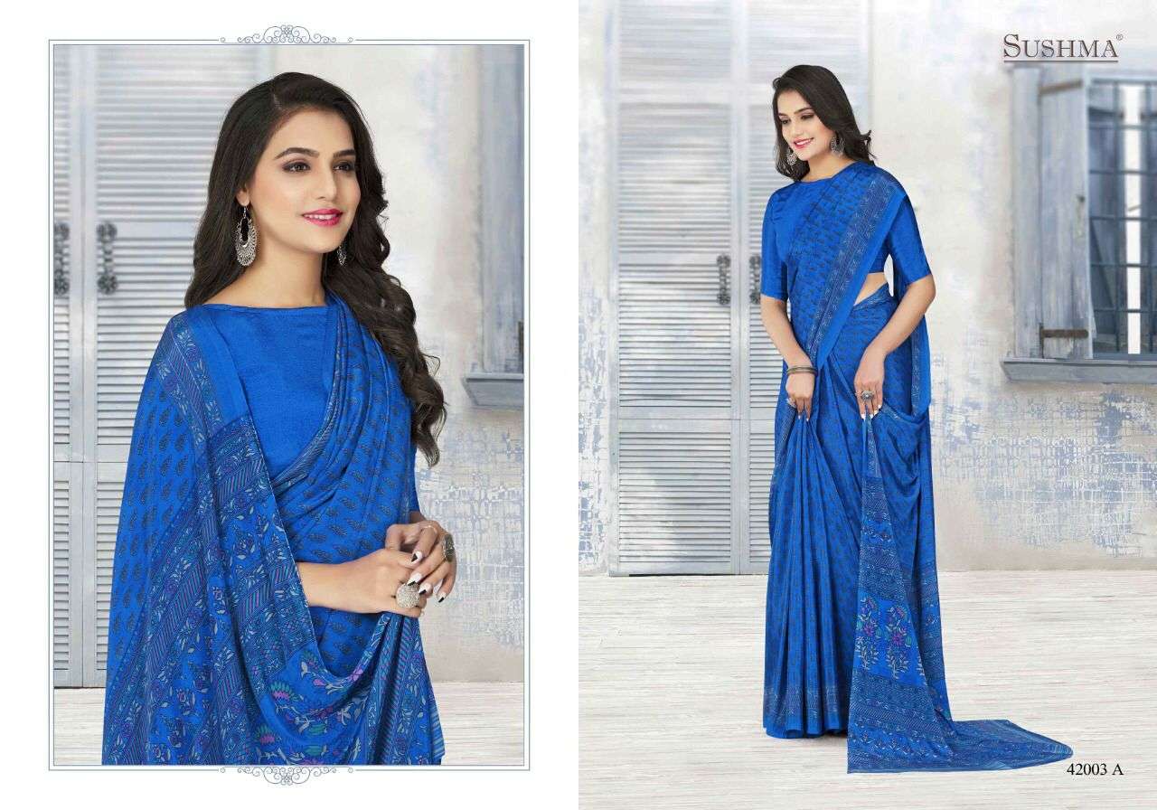 ETHNICA VOL-2 BY SUSHMA 42001-A TO 42006-B SERIES INDIAN TRADITIONAL WEAR COLLECTION BEAUTIFUL STYLISH FANCY COLORFUL PARTY WEAR & OCCASIONAL WEAR CREPE SAREES AT WHOLESALE PRICE