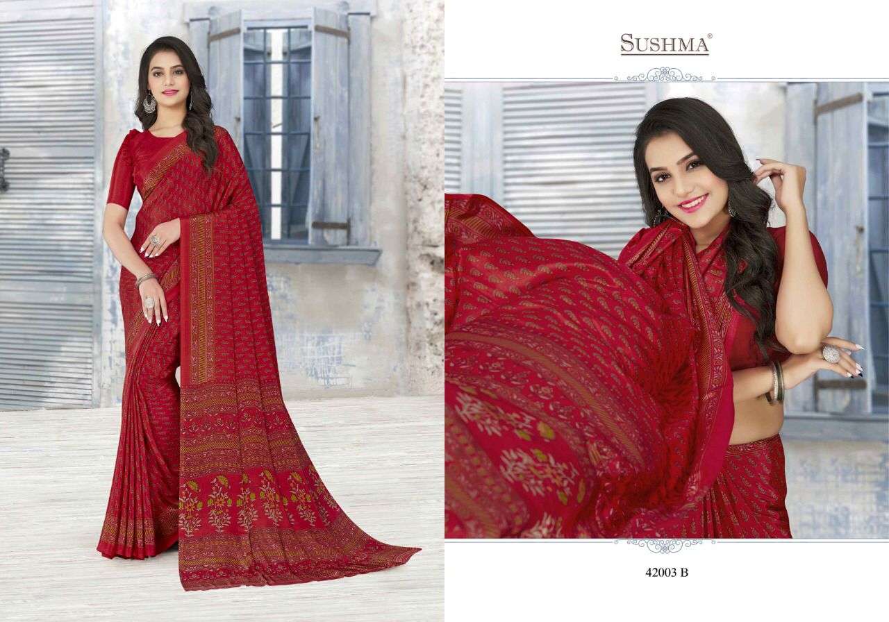 ETHNICA VOL-2 BY SUSHMA 42001-A TO 42006-B SERIES INDIAN TRADITIONAL WEAR COLLECTION BEAUTIFUL STYLISH FANCY COLORFUL PARTY WEAR & OCCASIONAL WEAR CREPE SAREES AT WHOLESALE PRICE