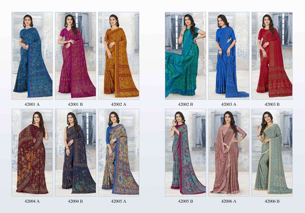 ETHNICA VOL-2 BY SUSHMA 42001-A TO 42006-B SERIES INDIAN TRADITIONAL WEAR COLLECTION BEAUTIFUL STYLISH FANCY COLORFUL PARTY WEAR & OCCASIONAL WEAR CREPE SAREES AT WHOLESALE PRICE