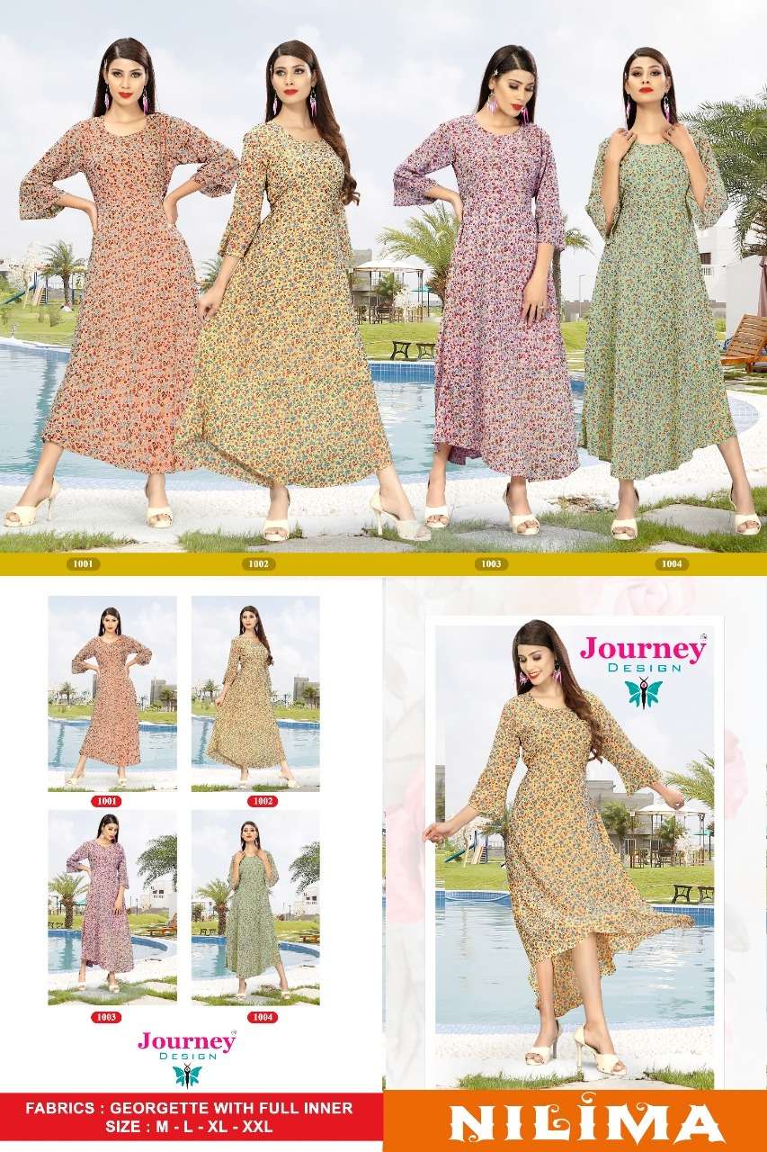 NILIMA BY JOURNEY 1001 TO 1004 SERIES DESIGNER STYLISH FANCY COLORFUL BEAUTIFUL PARTY WEAR & ETHNIC WEAR COLLECTION GEORGETTE KURTIS AT WHOLESALE PRICE