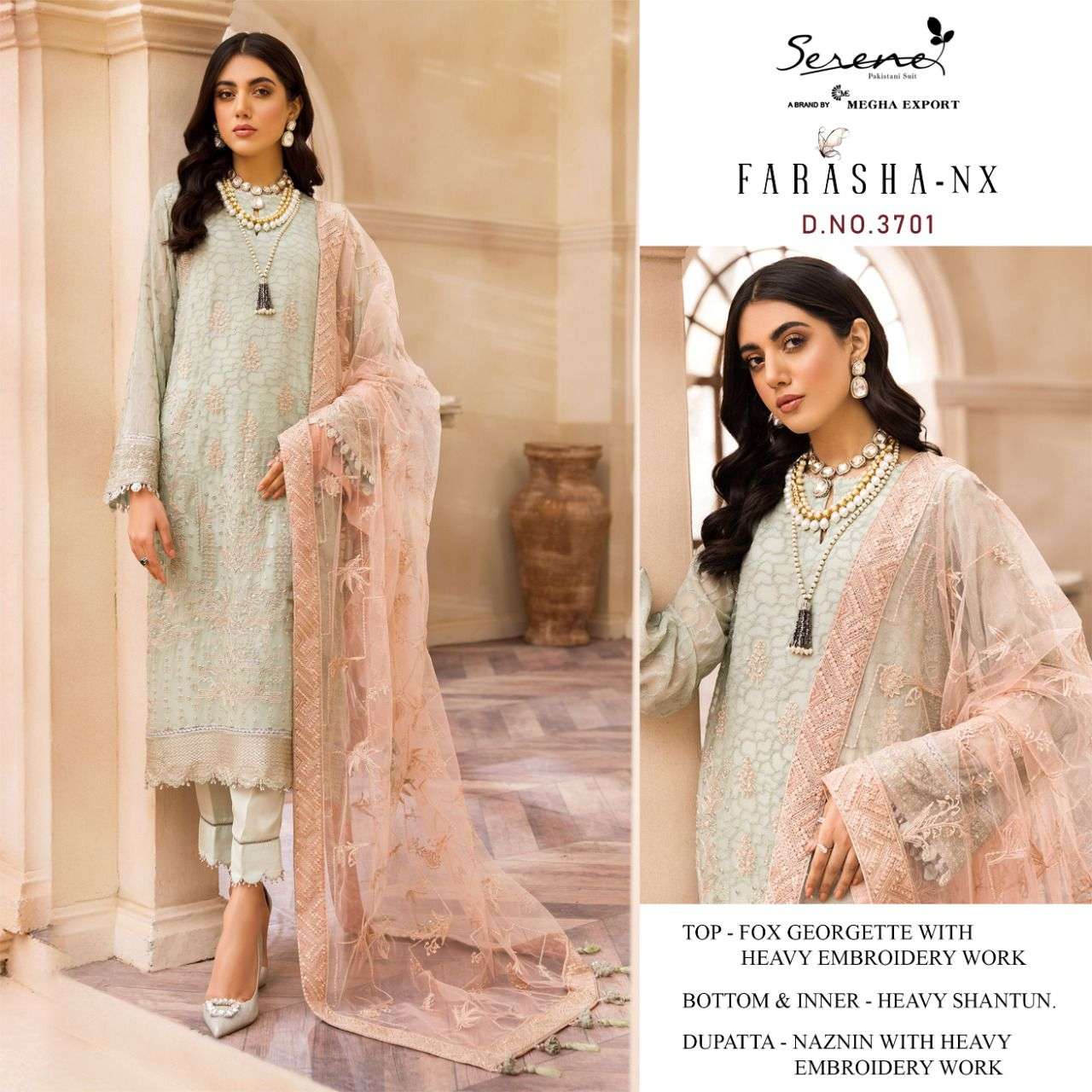 Farasha Nx By Serene 3701 To 3703 Series Designer Pakistani Suits Collection Beautiful Stylish Colorful Fancy Party Wear & Occasional Wear Faux Georgette Embroidery Dresses At Wholesale Price