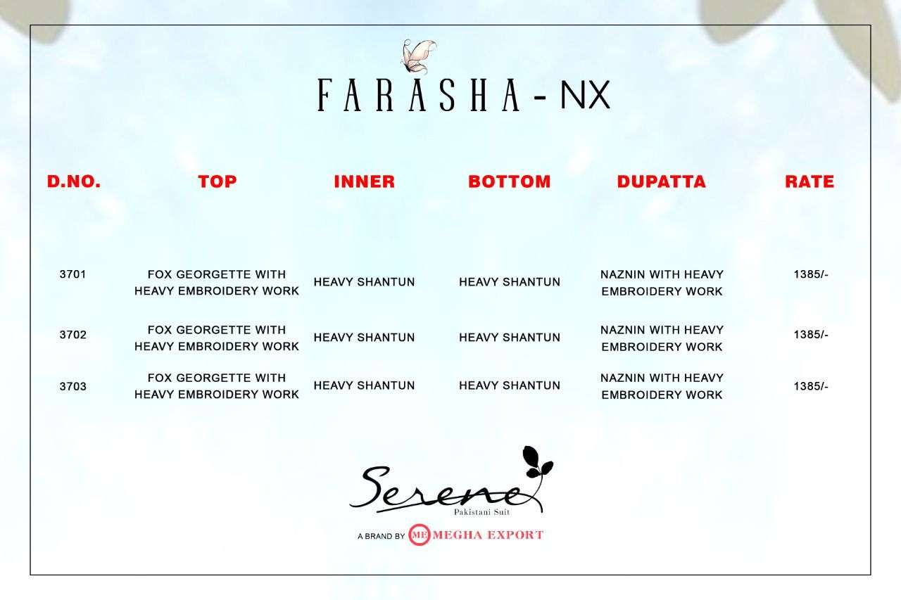 Farasha Nx By Serene 3701 To 3703 Series Designer Pakistani Suits Collection Beautiful Stylish Colorful Fancy Party Wear & Occasional Wear Faux Georgette Embroidery Dresses At Wholesale Price