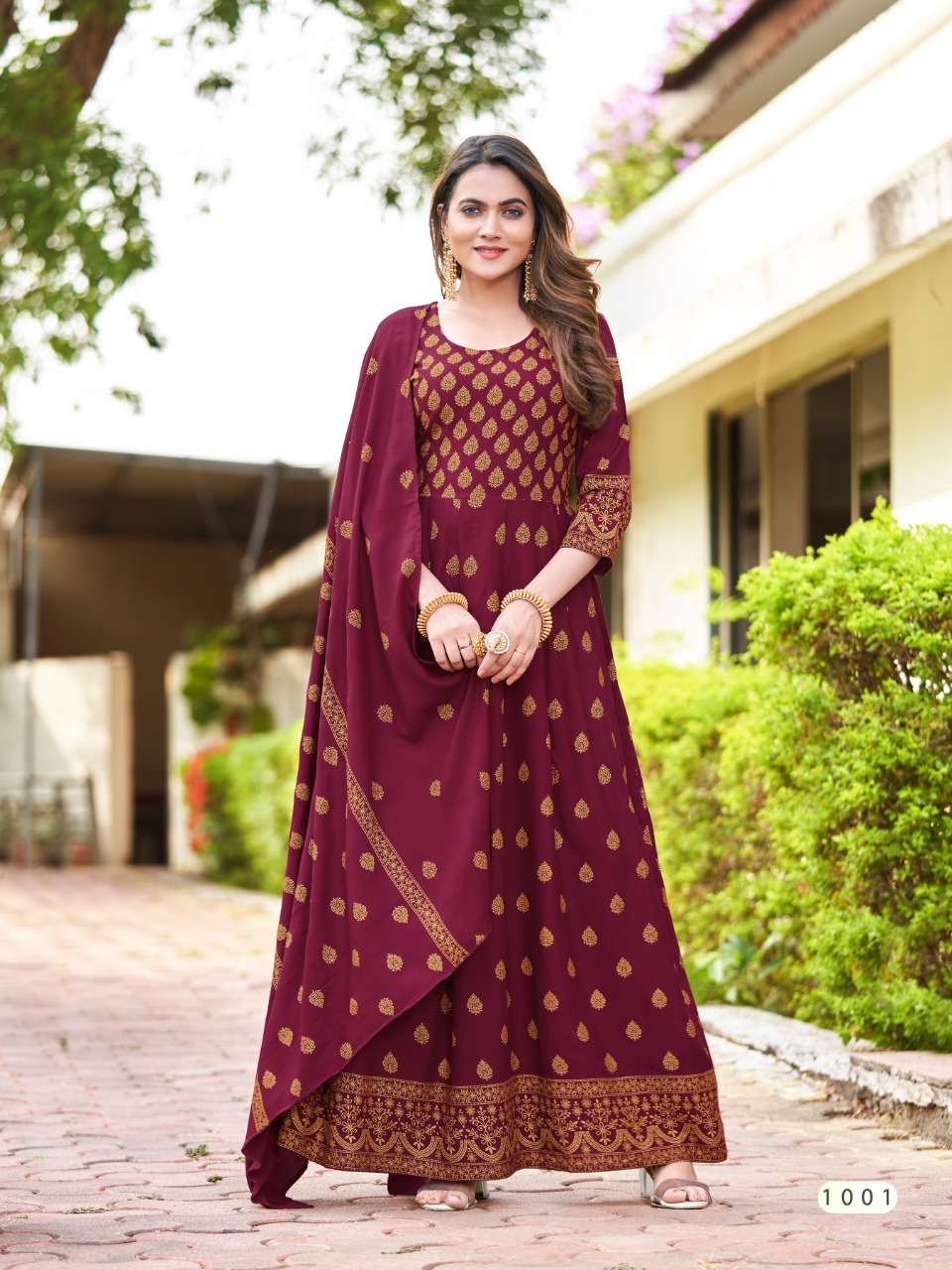 PARIDHI BY BANWERY FASHION 1001 TO 1008 SERIES BEAUTIFUL STYLISH FANCY COLORFUL CASUAL WEAR & ETHNIC WEAR RAYON PRINT GOWNS WITH DUPATTA AT WHOLESALE PRICE