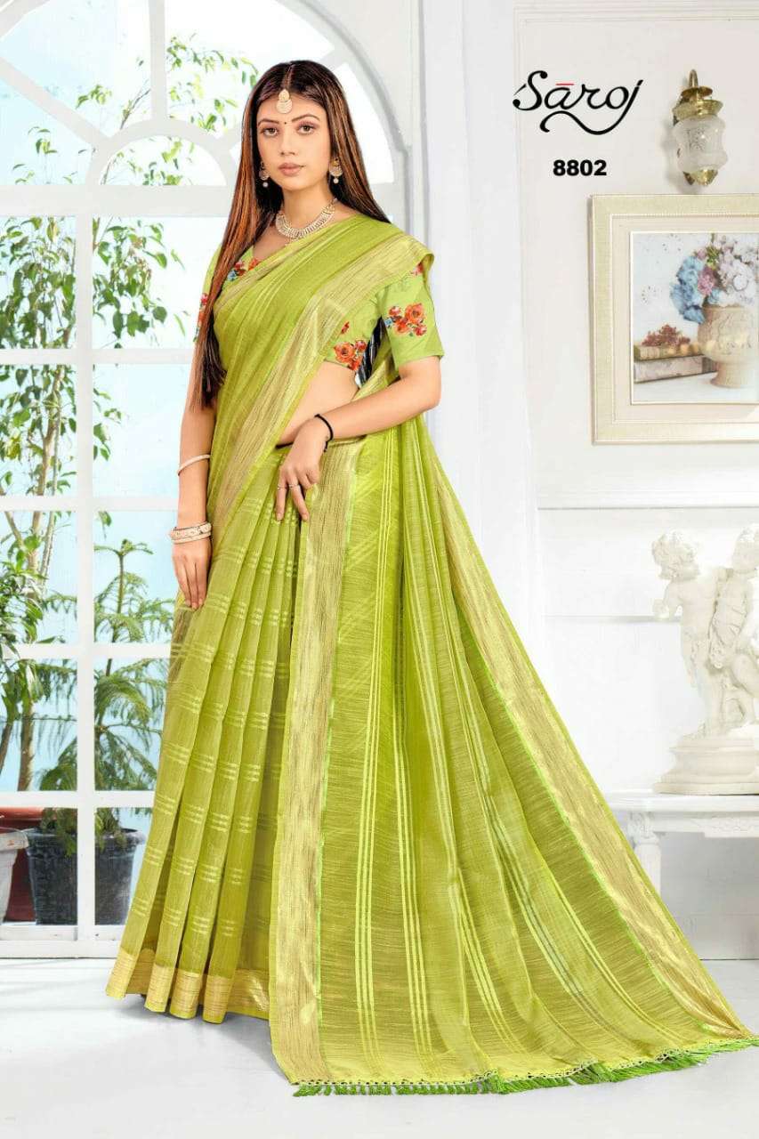 ROYAL VOL-1 BY SAROJ 8801 TO 8806 SERIES INDIAN TRADITIONAL WEAR COLLECTION BEAUTIFUL STYLISH FANCY COLORFUL PARTY WEAR & OCCASIONAL WEAR SOFT COTTON LINEN SAREES AT WHOLESALE PRICE