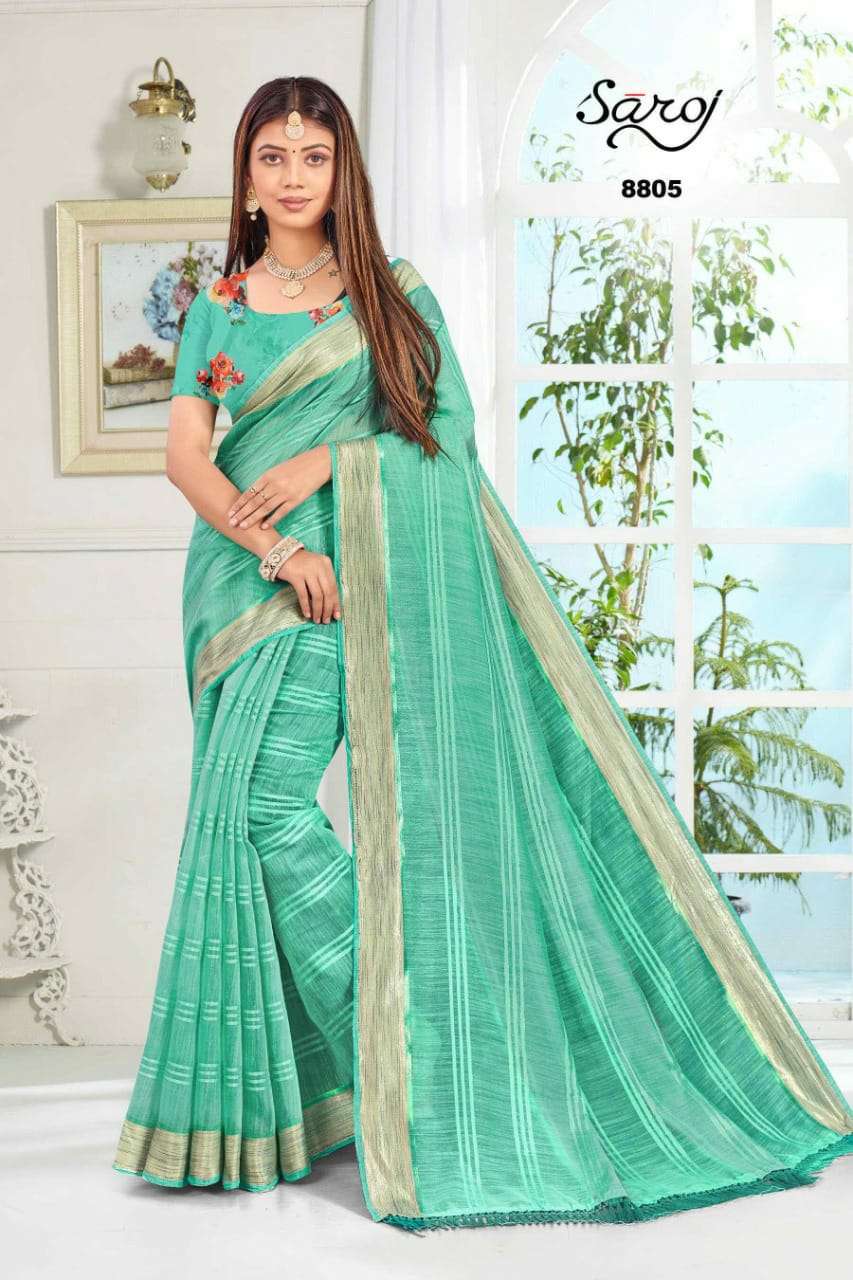 ROYAL VOL-1 BY SAROJ 8801 TO 8806 SERIES INDIAN TRADITIONAL WEAR COLLECTION BEAUTIFUL STYLISH FANCY COLORFUL PARTY WEAR & OCCASIONAL WEAR SOFT COTTON LINEN SAREES AT WHOLESALE PRICE
