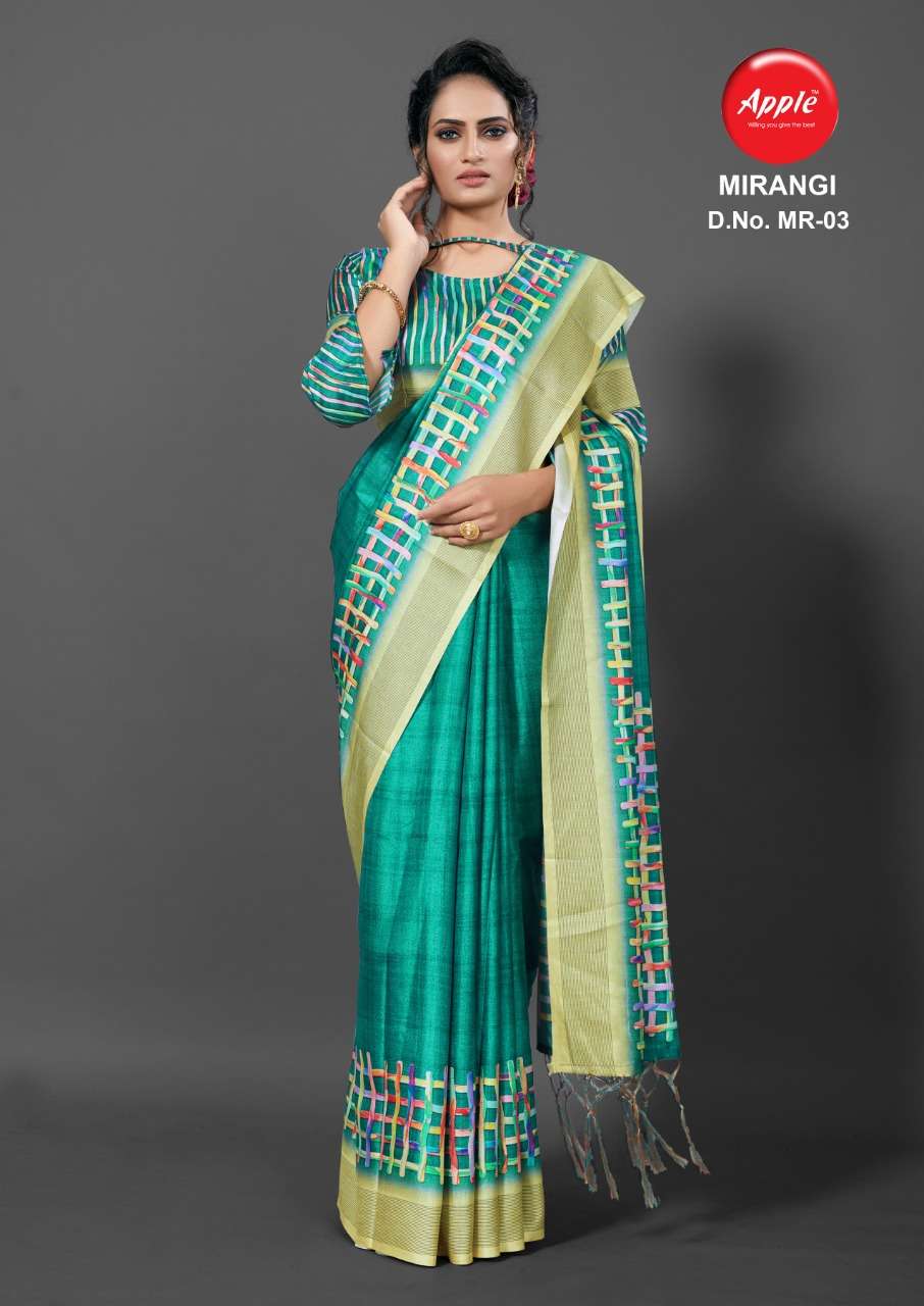 MIRANGI BY APPLE 01 TO 08 SERIES INDIAN TRADITIONAL WEAR COLLECTION BEAUTIFUL STYLISH FANCY COLORFUL PARTY WEAR & OCCASIONAL WEAR SILK DIGITAL PRINT SAREES AT WHOLESALE PRICE