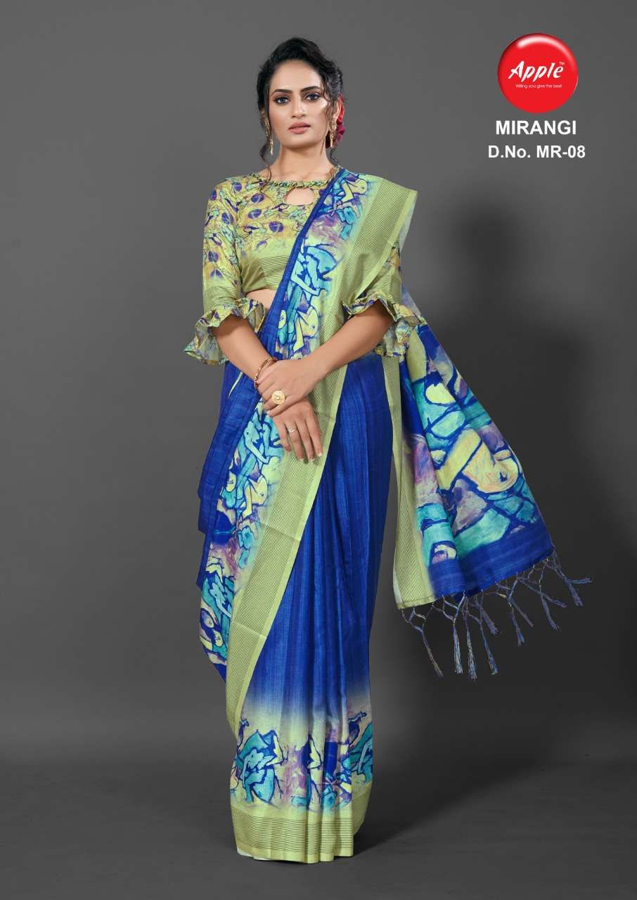 MIRANGI BY APPLE 01 TO 08 SERIES INDIAN TRADITIONAL WEAR COLLECTION BEAUTIFUL STYLISH FANCY COLORFUL PARTY WEAR & OCCASIONAL WEAR SILK DIGITAL PRINT SAREES AT WHOLESALE PRICE