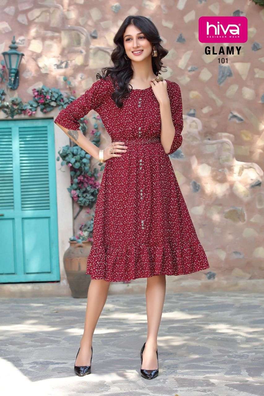 GLAMY BY HIVA 101 TO 106 SERIES DESIGNER STYLISH FANCY COLORFUL BEAUTIFUL PARTY WEAR & ETHNIC WEAR COLLECTION PURE RAYON KURTIS AT WHOLESALE PRICE