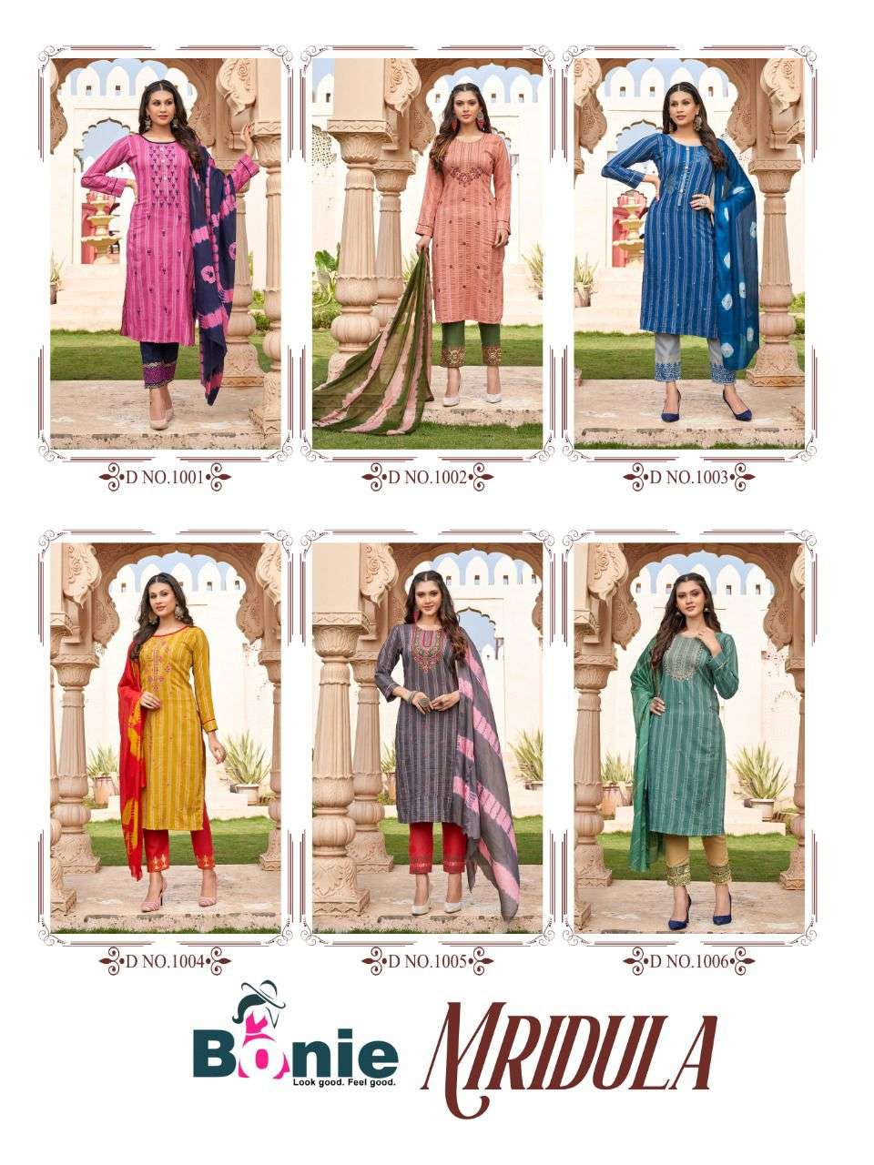 MRIDULA BY BONIE 1001 TO 1006 SERIES BEAUTIFUL SUITS COLORFUL STYLISH FANCY CASUAL WEAR & ETHNIC WEAR RAYON PRINT DRESSES AT WHOLESALE PRICE