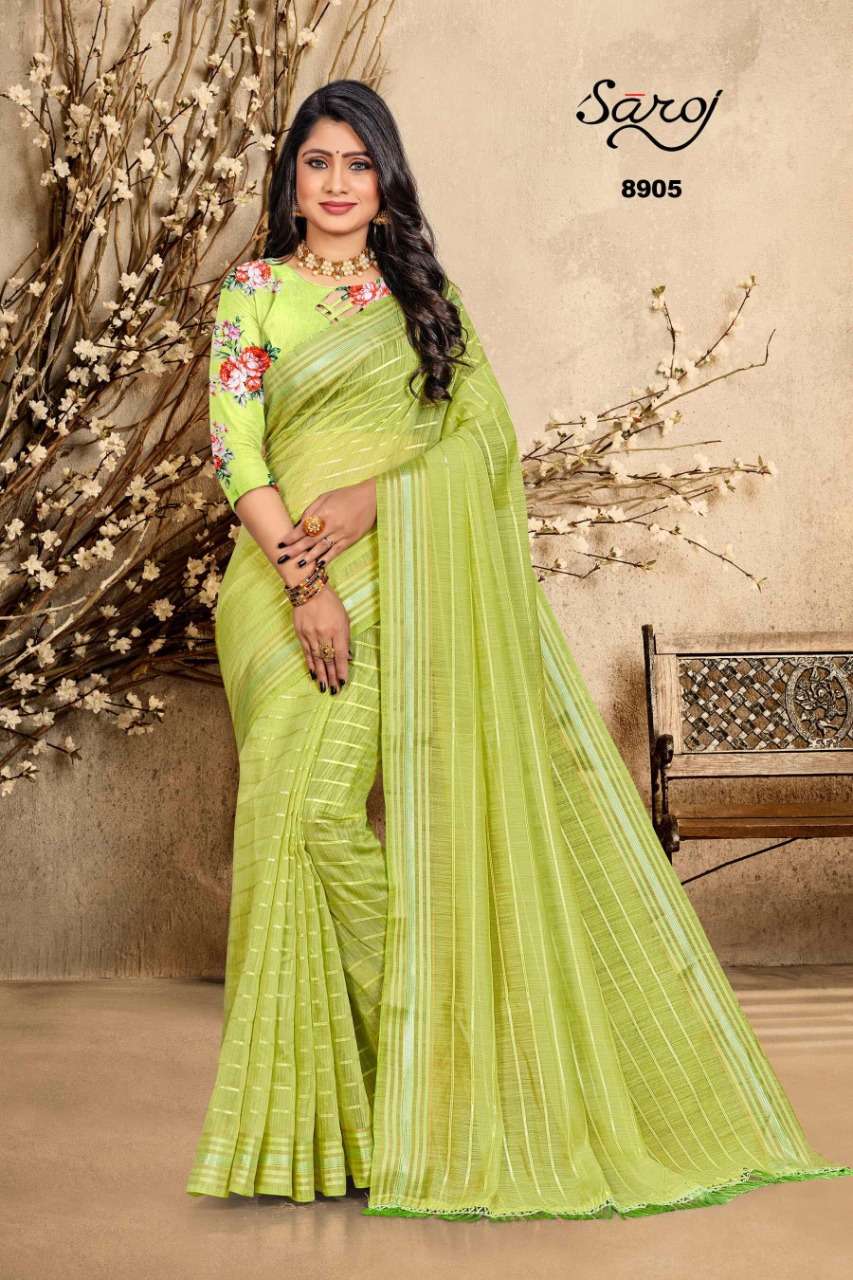 ROYAL VOL-2 BY SAROJ 8901 TO 8906 SERIES INDIAN TRADITIONAL WEAR COLLECTION BEAUTIFUL STYLISH FANCY COLORFUL PARTY WEAR & OCCASIONAL WEAR SOFT COTTON LINEN SAREES AT WHOLESALE PRICE