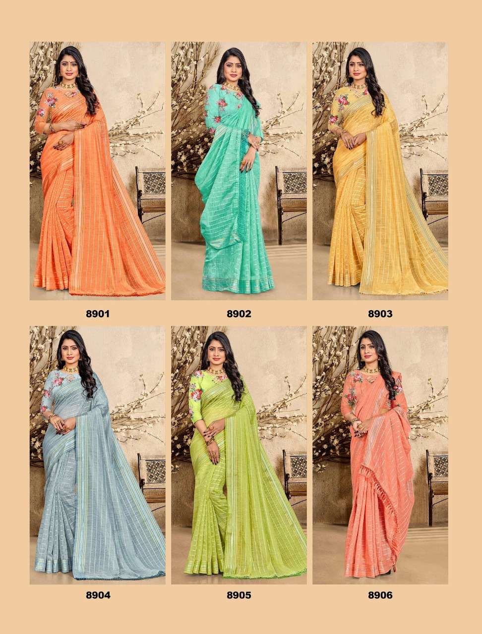 ROYAL VOL-2 BY SAROJ 8901 TO 8906 SERIES INDIAN TRADITIONAL WEAR COLLECTION BEAUTIFUL STYLISH FANCY COLORFUL PARTY WEAR & OCCASIONAL WEAR SOFT COTTON LINEN SAREES AT WHOLESALE PRICE