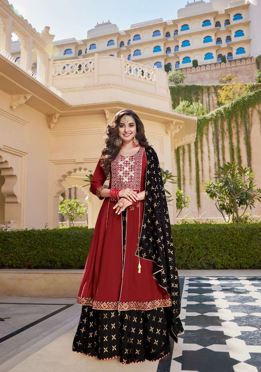 TANISHQ BY KAJAL STYLE 1001 TO 1008 SERIES BEAUTIFUL STYLISH FANCY COLORFUL CASUAL WEAR & ETHNIC WEAR HEAVY RAYON EMBROIDERED GOWNS WITH DUPATTA AT WHOLESALE PRICE