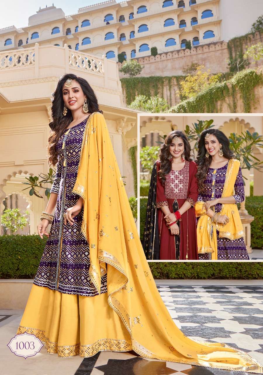 TANISHQ BY KAJAL STYLE 1001 TO 1008 SERIES BEAUTIFUL STYLISH FANCY COLORFUL CASUAL WEAR & ETHNIC WEAR HEAVY RAYON EMBROIDERED GOWNS WITH DUPATTA AT WHOLESALE PRICE