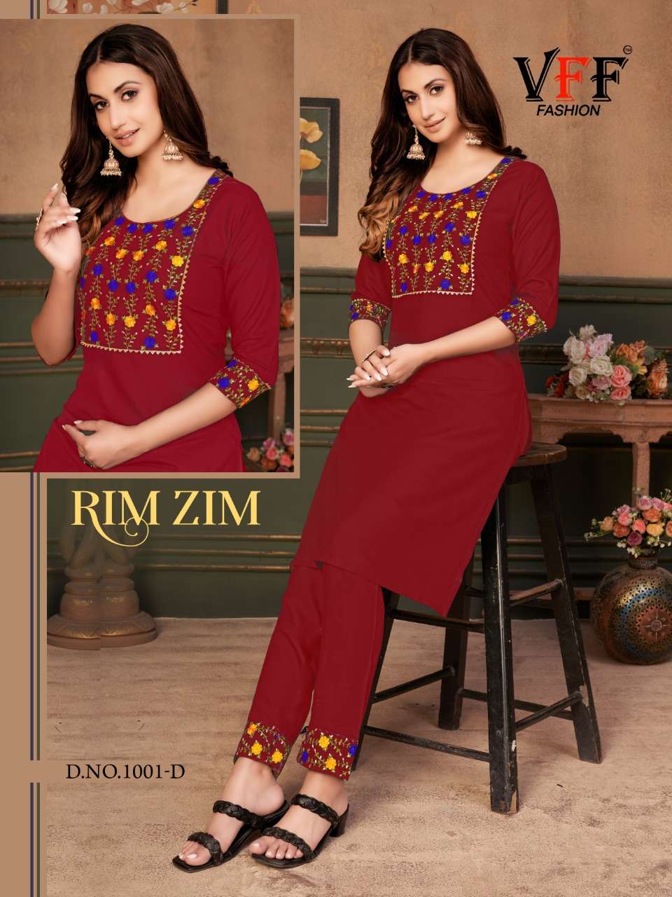 RIM ZIM BY VFF 1001 TO 1001-E SERIES DESIGNER STYLISH FANCY COLORFUL BEAUTIFUL PARTY WEAR & ETHNIC WEAR COLLECTION COTTON EMBROIDERED KURTIS AT WHOLESALE PRICE