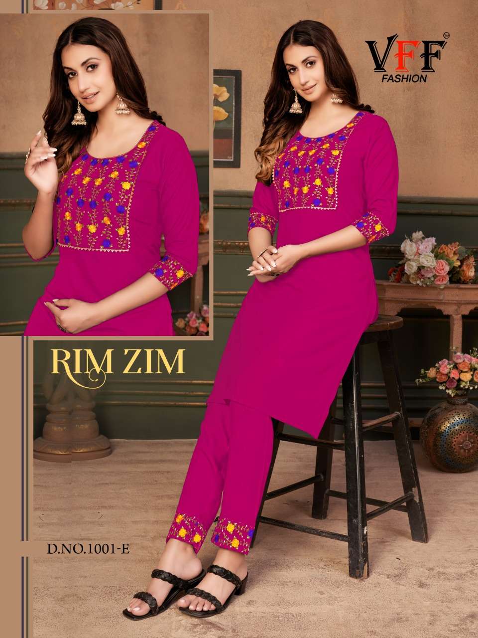 RIM ZIM BY VFF 1001 TO 1001-E SERIES DESIGNER STYLISH FANCY COLORFUL BEAUTIFUL PARTY WEAR & ETHNIC WEAR COLLECTION COTTON EMBROIDERED KURTIS AT WHOLESALE PRICE