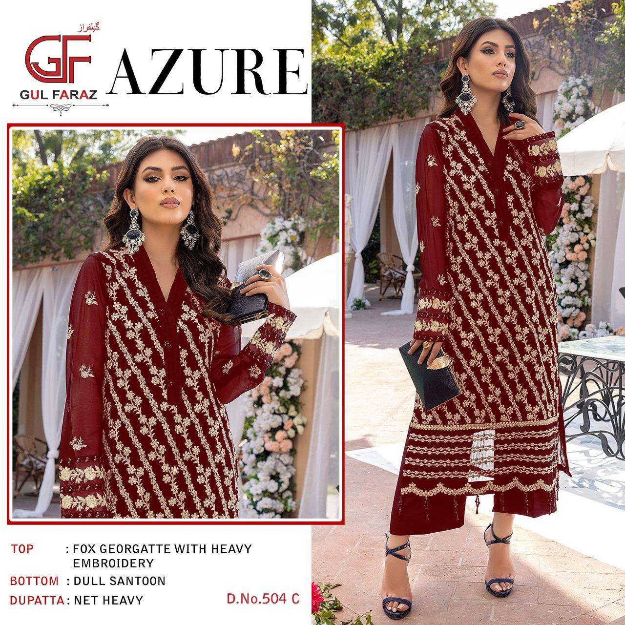 AZURE BY GUL FARAZ 504-A TO 504-D SERIES BEAUTIFUL PAKISTANI SUITS COLORFUL STYLISH FANCY CASUAL WEAR & ETHNIC WEAR FAUX GEORGETTE EMBROIDERED DRESSES AT WHOLESALE PRICE