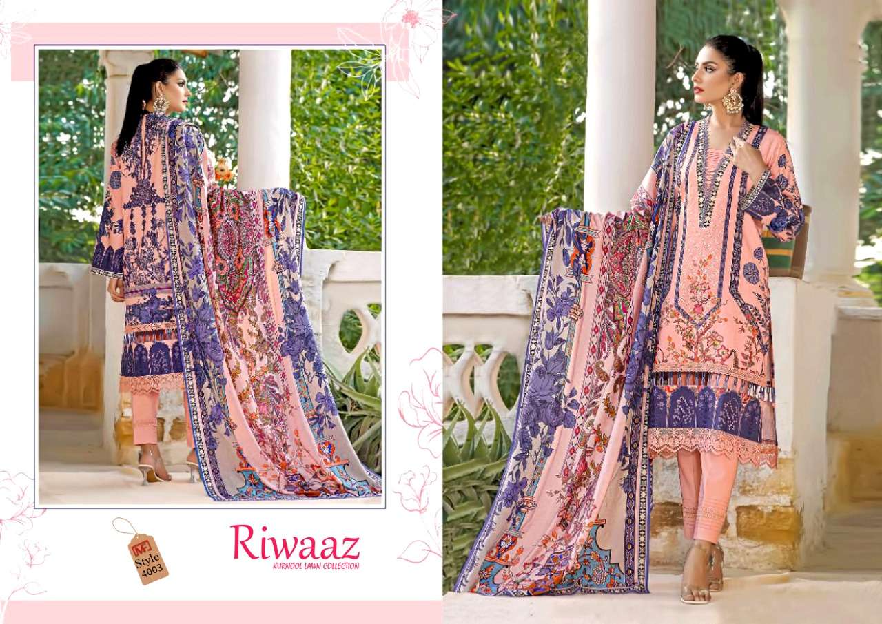 Riwaaz Vol-4 By Madhav Fashion 4001 To 4006 Series Beautiful Stylish Suits Fancy Colorful Casual Wear & Ethnic Wear & Ready To Wear Pure Lawn Cotton Dresses At Wholesale Price