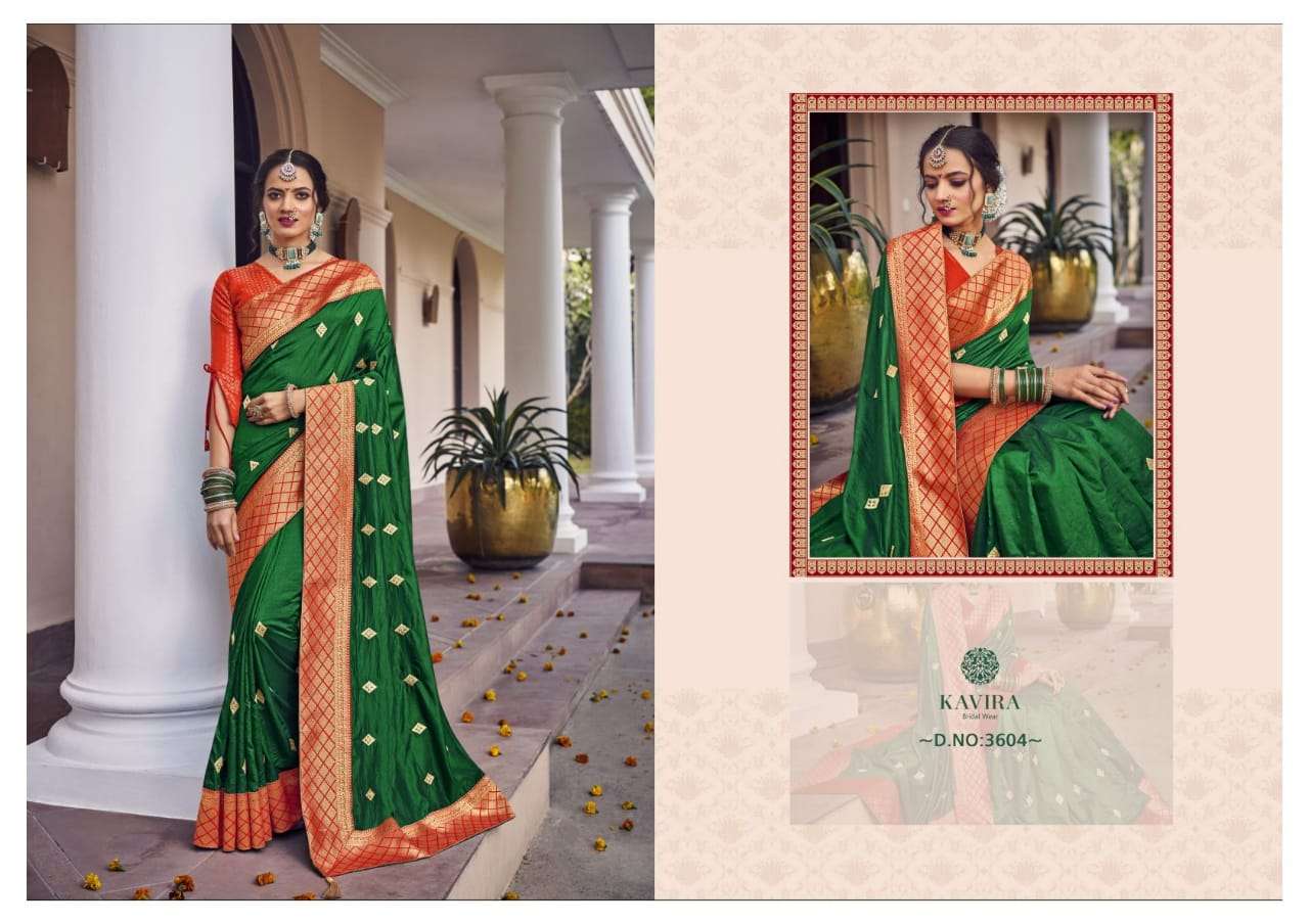 KAVIRA 3601 SERIES BY KAVIRA 3601 TO 3609 SERIES INDIAN TRADITIONAL WEAR COLLECTION BEAUTIFUL STYLISH FANCY COLORFUL PARTY WEAR & OCCASIONAL WEAR VICHITRA SAREES AT WHOLESALE PRICE