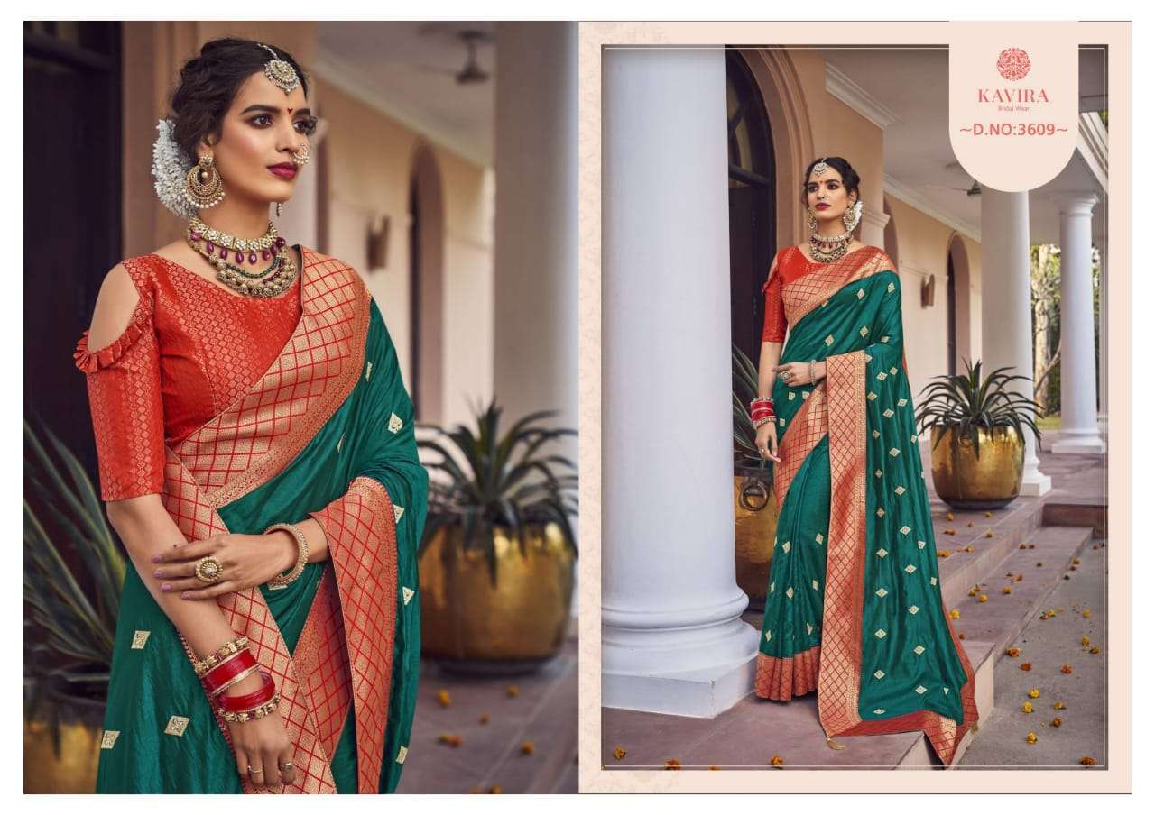 KAVIRA 3601 SERIES BY KAVIRA 3601 TO 3609 SERIES INDIAN TRADITIONAL WEAR COLLECTION BEAUTIFUL STYLISH FANCY COLORFUL PARTY WEAR & OCCASIONAL WEAR VICHITRA SAREES AT WHOLESALE PRICE