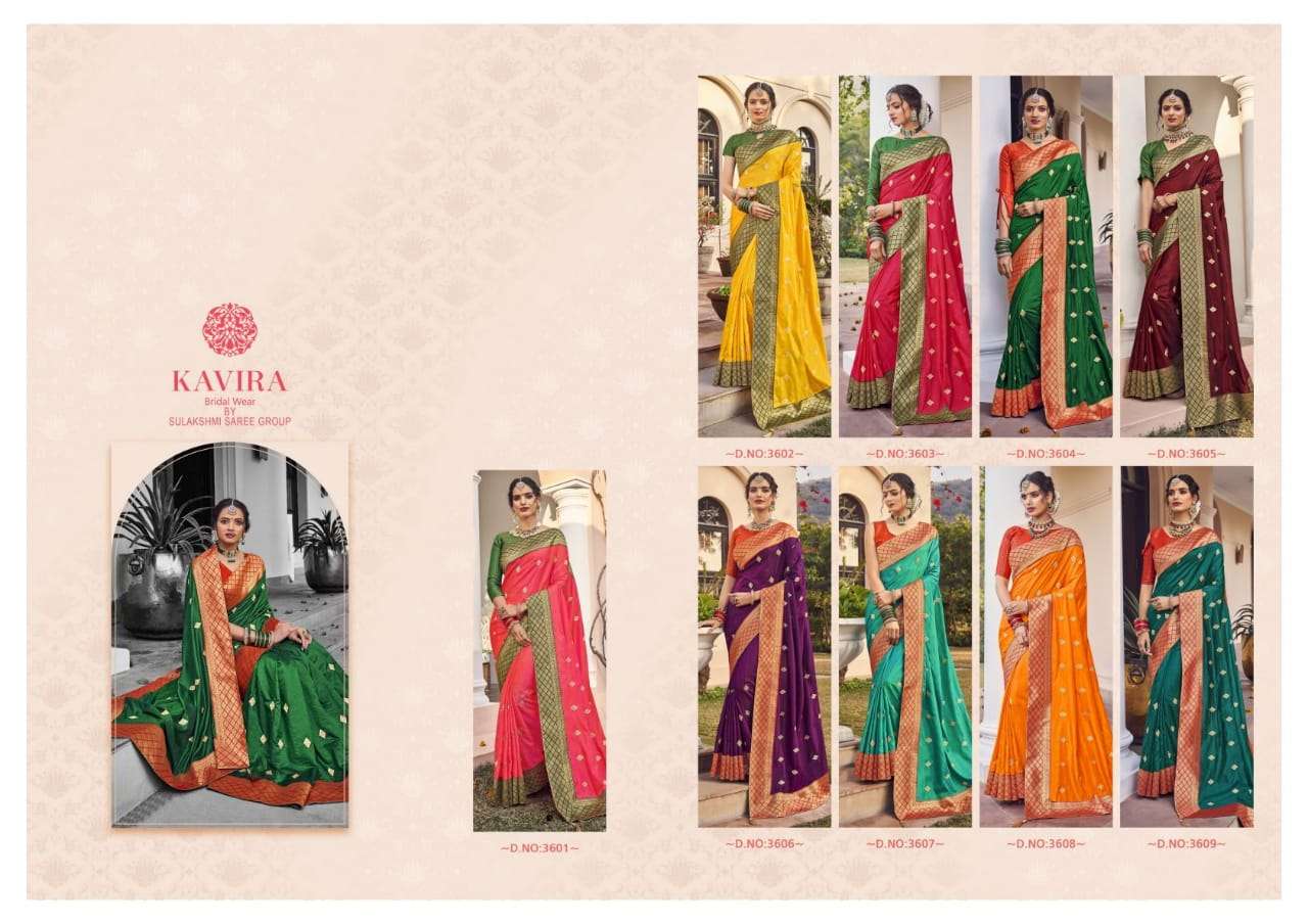 KAVIRA 3601 SERIES BY KAVIRA 3601 TO 3609 SERIES INDIAN TRADITIONAL WEAR COLLECTION BEAUTIFUL STYLISH FANCY COLORFUL PARTY WEAR & OCCASIONAL WEAR VICHITRA SAREES AT WHOLESALE PRICE