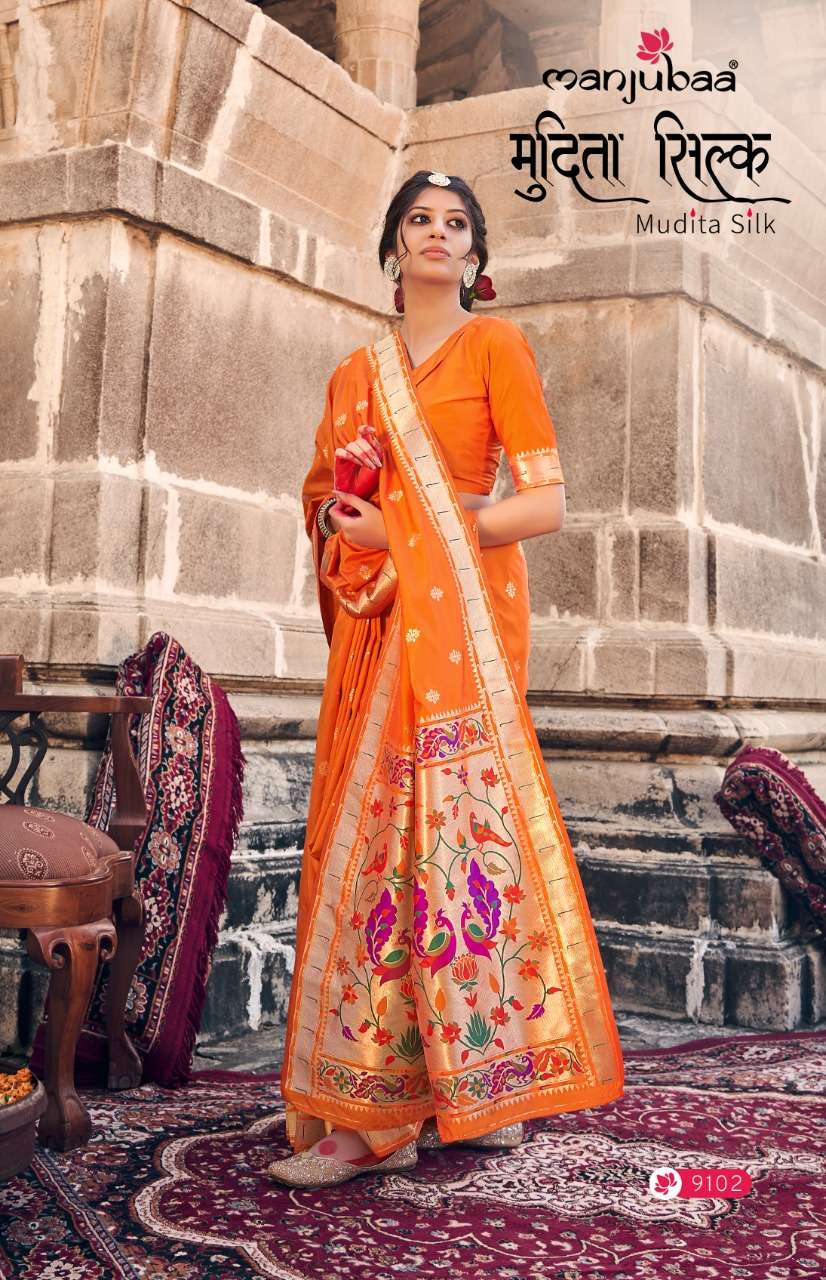 MUDITA SILK BY MANJUBAA CLOTHING 9101 TO 9108 SERIES INDIAN TRADITIONAL WEAR COLLECTION BEAUTIFUL STYLISH FANCY COLORFUL PARTY WEAR & OCCASIONAL WEAR BANARASI SILK SAREES AT WHOLESALE PRICE