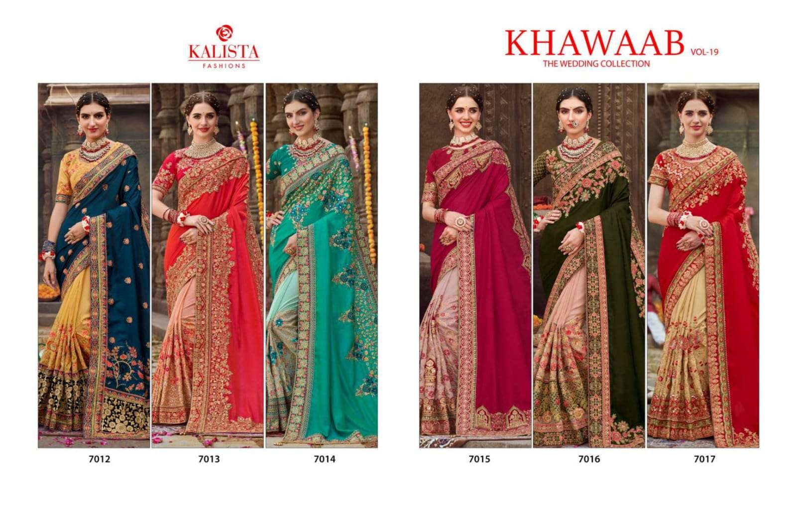 KHAWAAB VOL-19 BY KALISTA FASHION 7012 TO 7017 SERIES INDIAN TRADITIONAL WEAR COLLECTION BEAUTIFUL STYLISH FANCY COLORFUL PARTY WEAR & OCCASIONAL WEAR GEORGETTE SAREES AT WHOLESALE PRICE