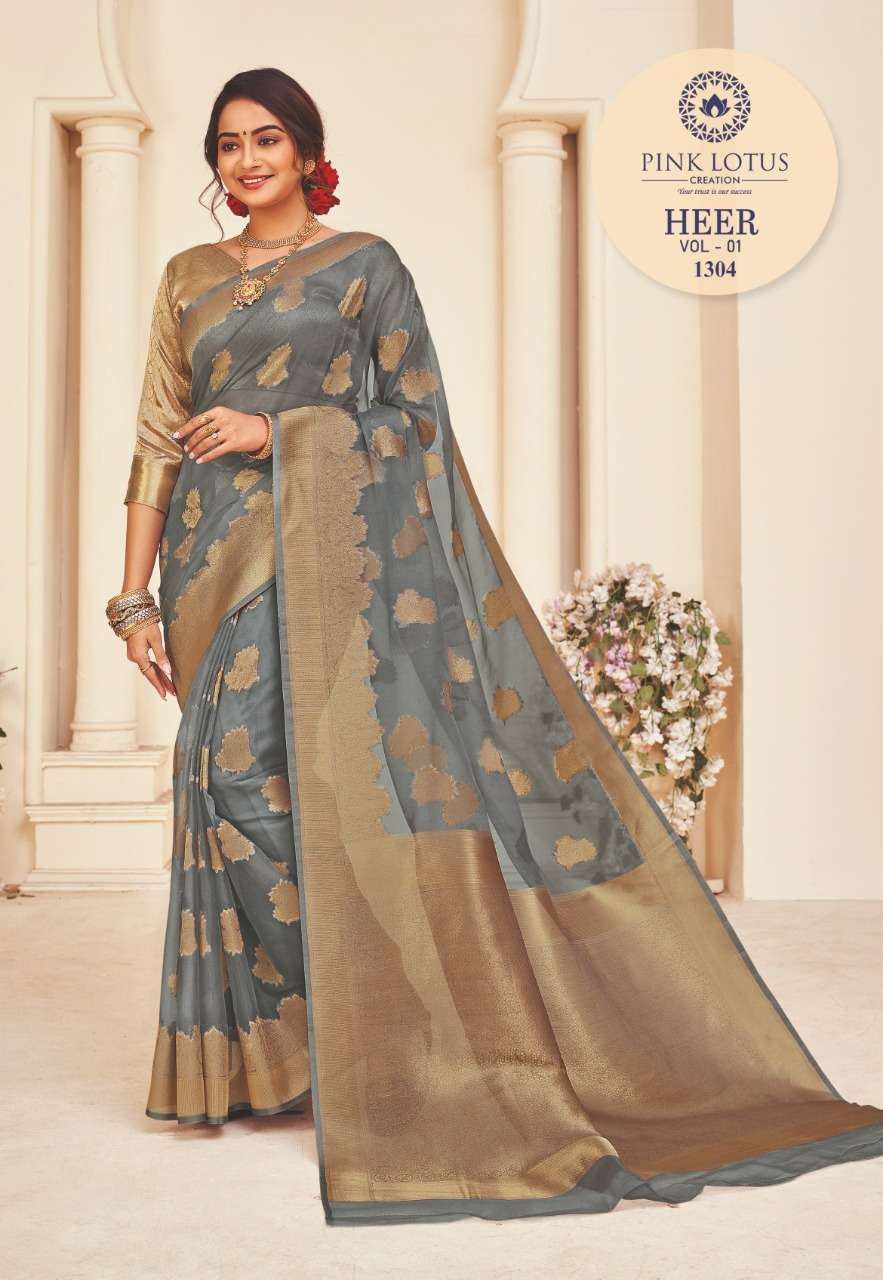 HEER BY PINK LOTUS 1301 TO 1313 SERIES INDIAN TRADITIONAL WEAR COLLECTION BEAUTIFUL STYLISH FANCY COLORFUL PARTY WEAR & OCCASIONAL WEAR ORGANZA SILK SAREES AT WHOLESALE PRICE