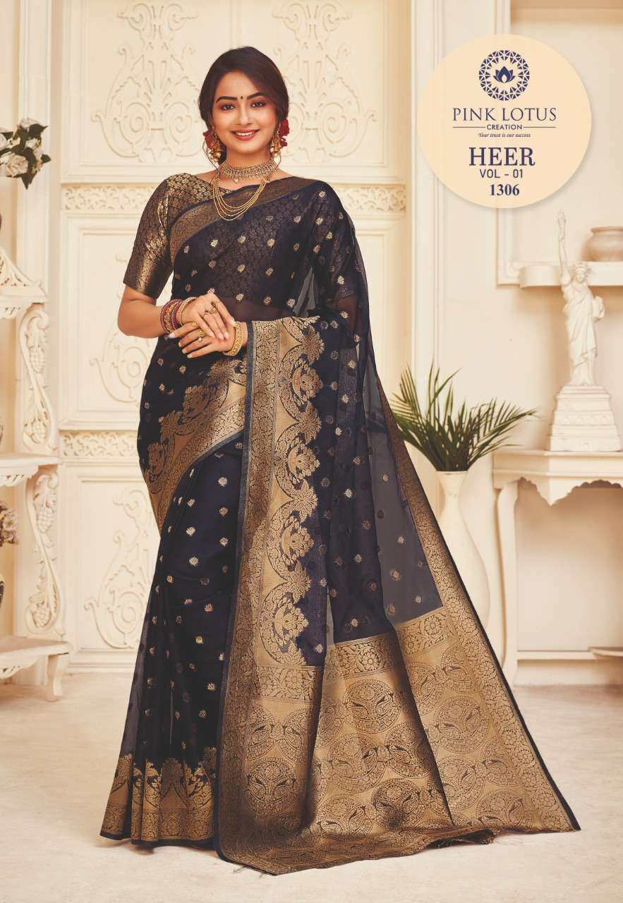 HEER BY PINK LOTUS 1301 TO 1313 SERIES INDIAN TRADITIONAL WEAR COLLECTION BEAUTIFUL STYLISH FANCY COLORFUL PARTY WEAR & OCCASIONAL WEAR ORGANZA SILK SAREES AT WHOLESALE PRICE