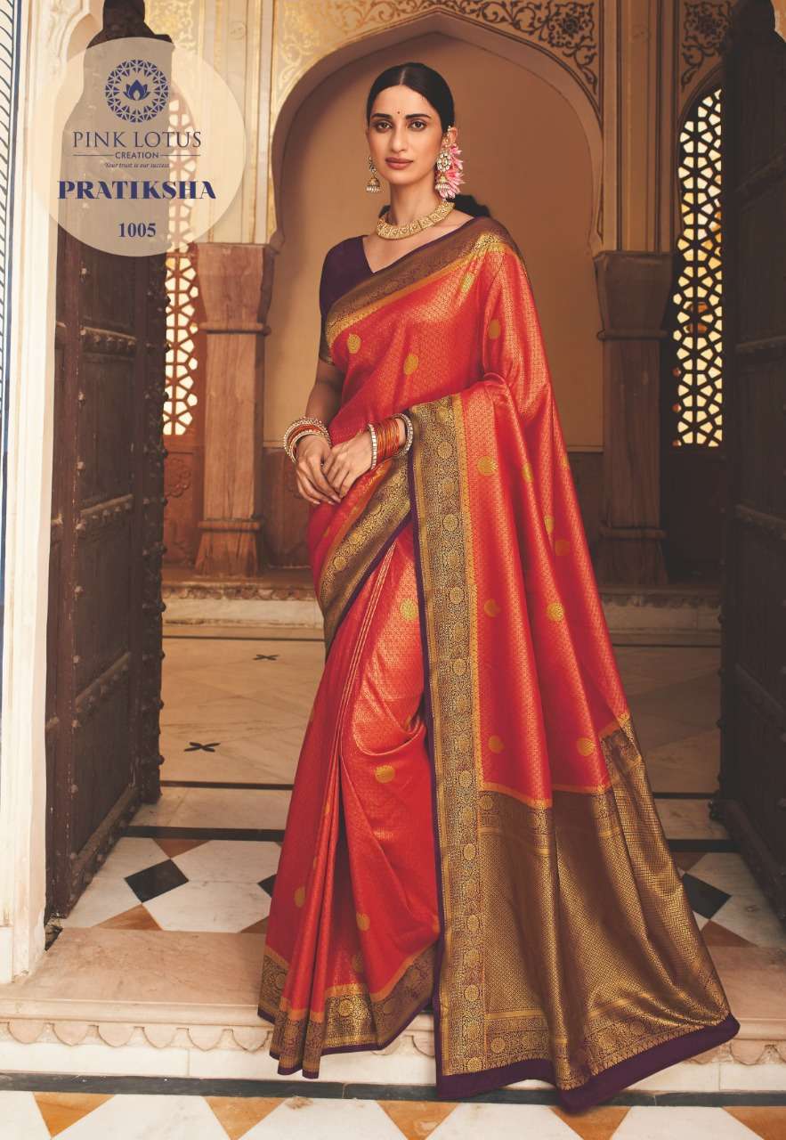 PRATIKSHA BY PINK LOTUS 1001 TO 1013 SERIES INDIAN TRADITIONAL WEAR COLLECTION BEAUTIFUL STYLISH FANCY COLORFUL PARTY WEAR & OCCASIONAL WEAR KANJIVARAM SILK SAREES AT WHOLESALE PRICE