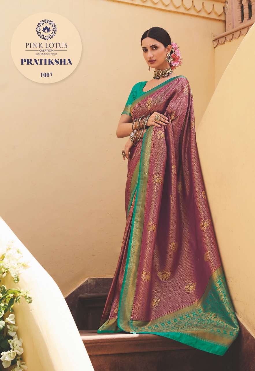 PRATIKSHA BY PINK LOTUS 1001 TO 1013 SERIES INDIAN TRADITIONAL WEAR COLLECTION BEAUTIFUL STYLISH FANCY COLORFUL PARTY WEAR & OCCASIONAL WEAR KANJIVARAM SILK SAREES AT WHOLESALE PRICE