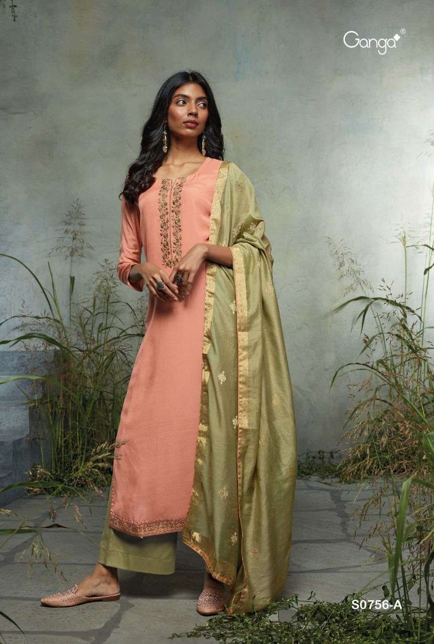 NEERA-756 BY GANGA FASHION 756-A TO 756-B SERIES BEAUTIFUL SUITS COLORFUL STYLISH FANCY CASUAL WEAR & ETHNIC WEAR BEMBERG SILK WORK DRESSES AT WHOLESALE PRICE