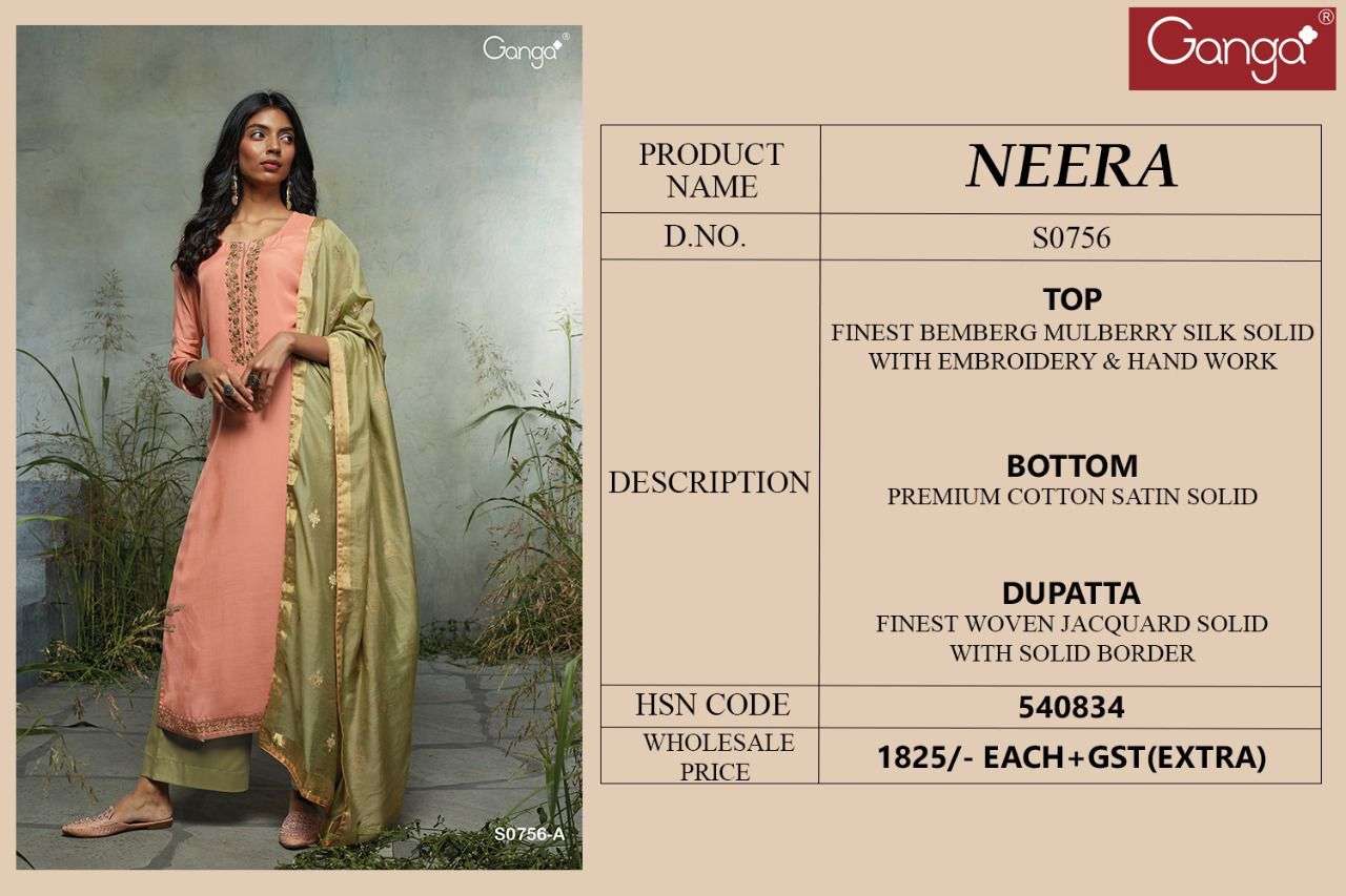 NEERA-756 BY GANGA FASHION 756-A TO 756-B SERIES BEAUTIFUL SUITS COLORFUL STYLISH FANCY CASUAL WEAR & ETHNIC WEAR BEMBERG SILK WORK DRESSES AT WHOLESALE PRICE
