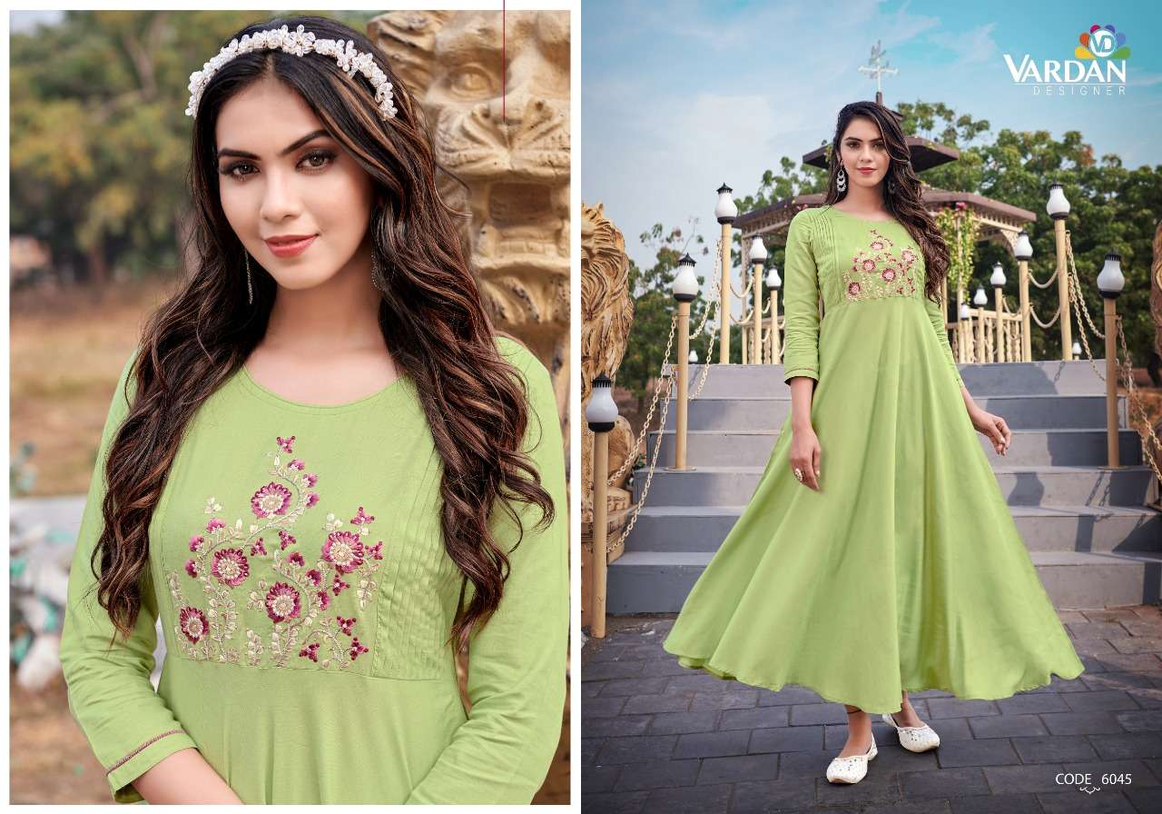 Ravia Vol-2 By Vardan Designer 6045 To 6048 Series Beautiful Stylish Fancy Colorful Casual Wear & Ethnic Wear Heavy Rayon Gowns At Wholesale Price