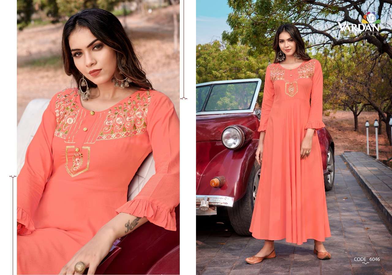 Ravia Vol-2 By Vardan Designer 6045 To 6048 Series Beautiful Stylish Fancy Colorful Casual Wear & Ethnic Wear Heavy Rayon Gowns At Wholesale Price