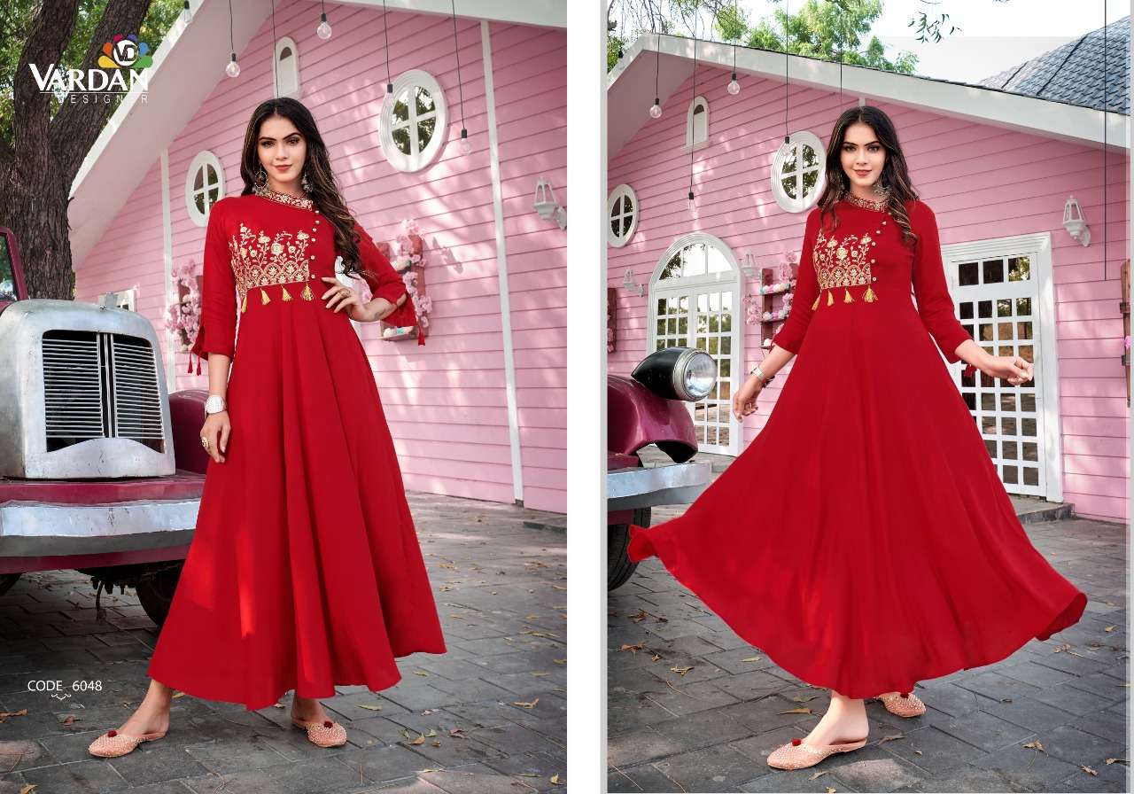 Ravia Vol-2 By Vardan Designer 6045 To 6048 Series Beautiful Stylish Fancy Colorful Casual Wear & Ethnic Wear Heavy Rayon Gowns At Wholesale Price