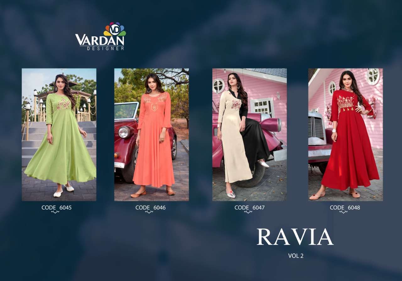 Ravia Vol-2 By Vardan Designer 6045 To 6048 Series Beautiful Stylish Fancy Colorful Casual Wear & Ethnic Wear Heavy Rayon Gowns At Wholesale Price