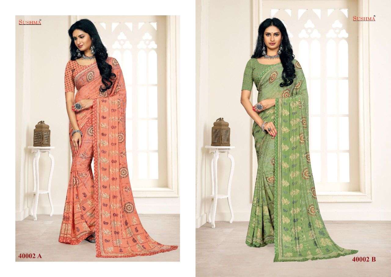 FAIR-21 BY SUSHMA 40001-A TO 40006-B SERIES INDIAN TRADITIONAL WEAR COLLECTION BEAUTIFUL STYLISH FANCY COLORFUL PARTY WEAR & OCCASIONAL WEAR FANCY SAREES AT WHOLESALE PRICE
