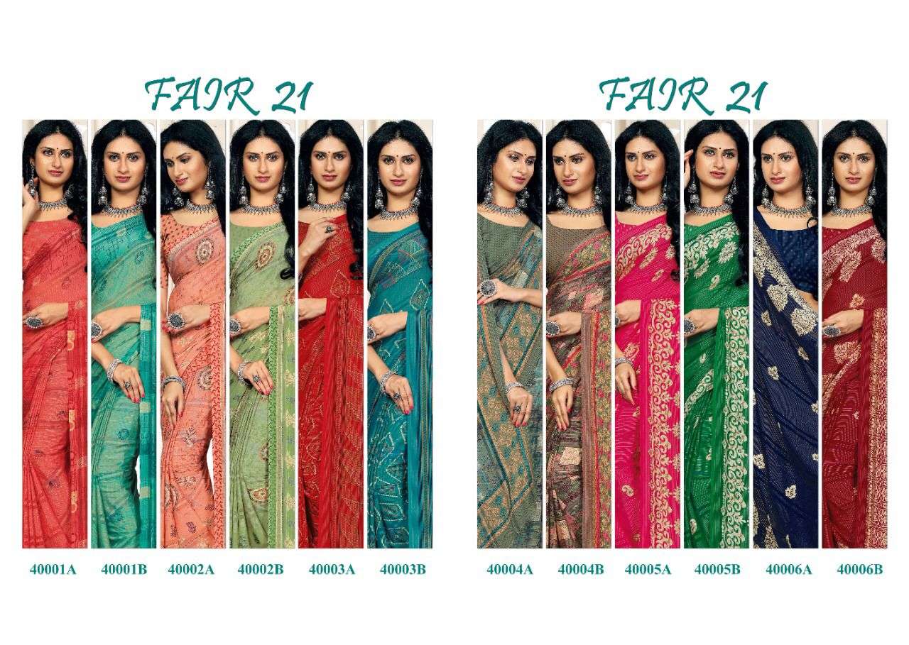 FAIR-21 BY SUSHMA 40001-A TO 40006-B SERIES INDIAN TRADITIONAL WEAR COLLECTION BEAUTIFUL STYLISH FANCY COLORFUL PARTY WEAR & OCCASIONAL WEAR FANCY SAREES AT WHOLESALE PRICE
