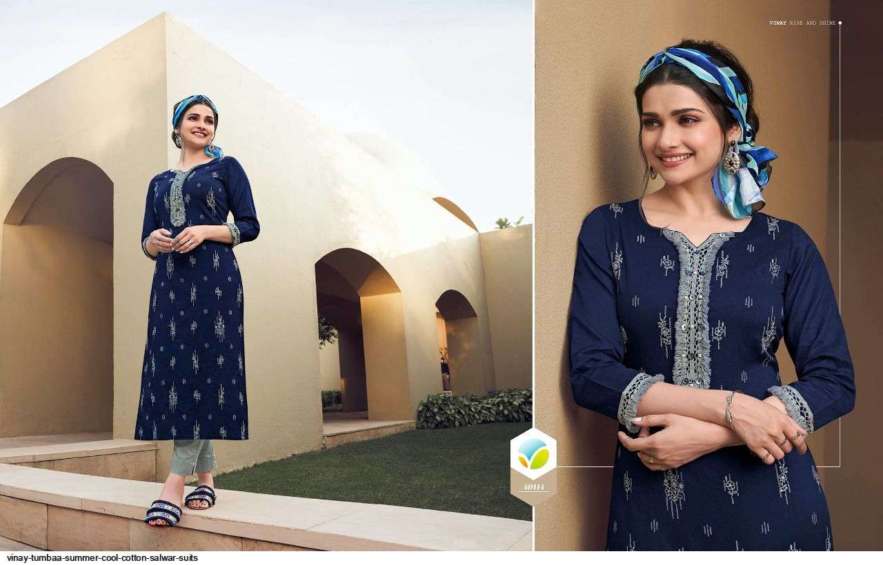 TUMBAA SUMMER COOL BY VINAY FASHION 40111 TO 40118 SERIES DESIGNER STYLISH FANCY COLORFUL BEAUTIFUL PARTY WEAR & ETHNIC WEAR COLLECTION CHANDERI COTTON KURTIS WITH BOTTOM AT WHOLESALE PRICE