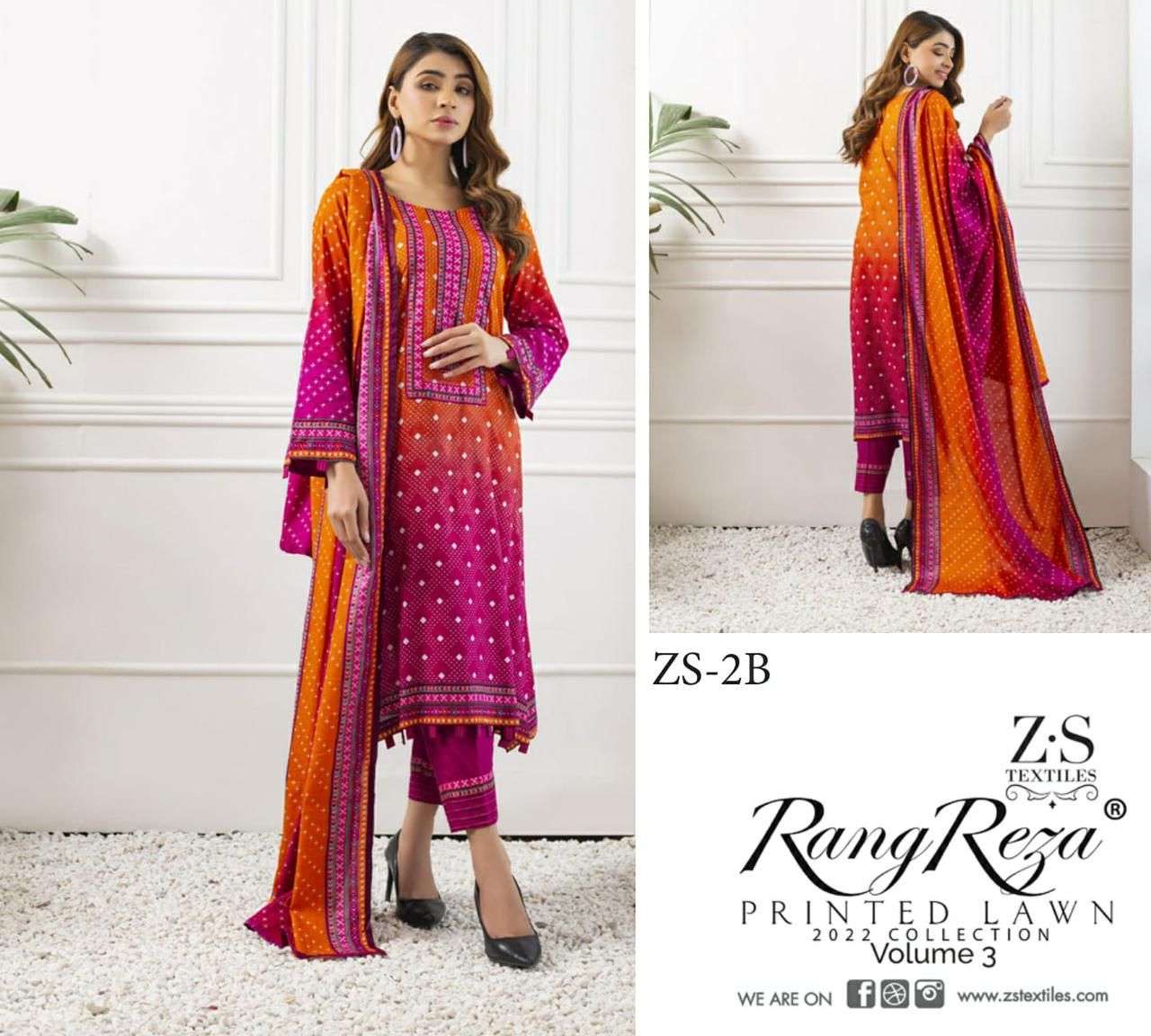 RANG REZA VOL-3 BY ZS TEXTILES 1-A TO 5-B SERIES INDIAN TRADITIONAL WEAR COLLECTION BEAUTIFUL STYLISH FANCY COLORFUL PARTY WEAR & OCCASIONAL WEAR PURE COTTON PRINT DRESSES AT WHOLESALE PRICE