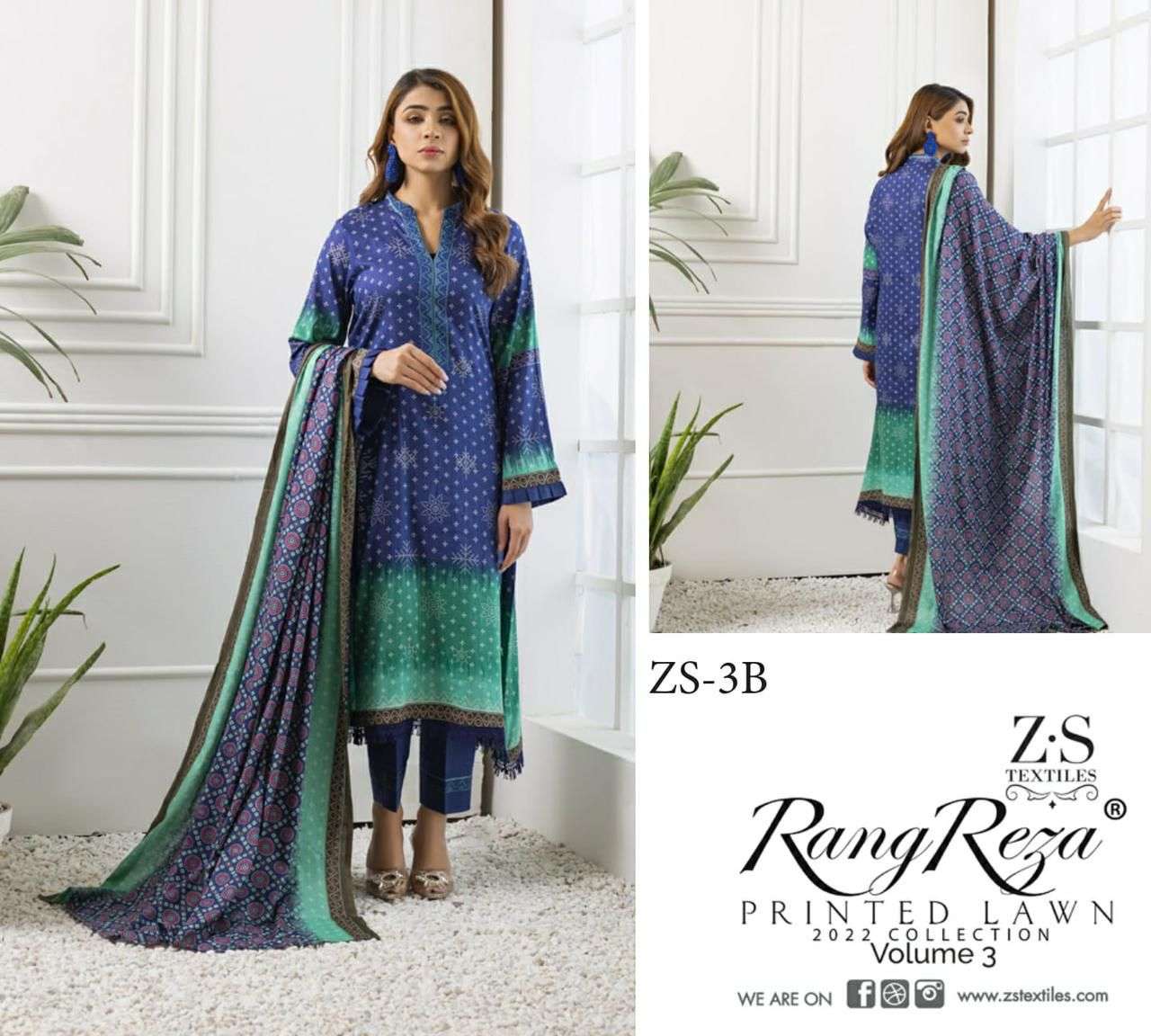 RANG REZA VOL-3 BY ZS TEXTILES 1-A TO 5-B SERIES INDIAN TRADITIONAL WEAR COLLECTION BEAUTIFUL STYLISH FANCY COLORFUL PARTY WEAR & OCCASIONAL WEAR PURE COTTON PRINT DRESSES AT WHOLESALE PRICE