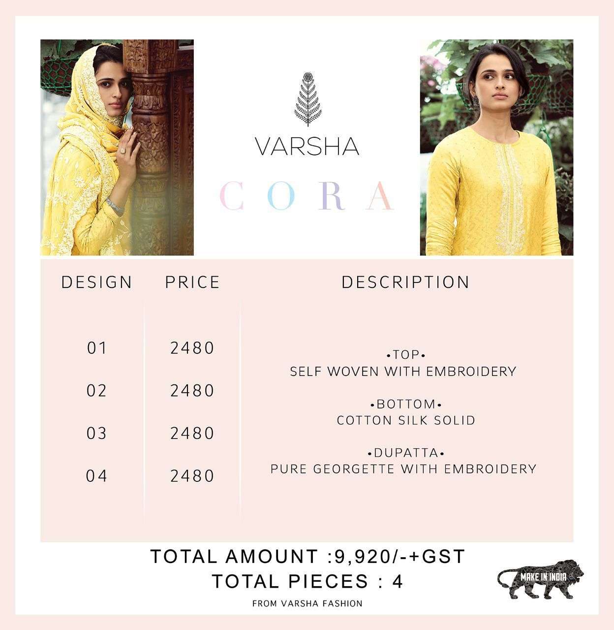 CORA BY VARSHA 01 TO 04 SERIES BEAUTIFUL SUITS COLORFUL STYLISH FANCY CASUAL WEAR & ETHNIC WEAR WOVEN EMBROIDERED DRESSES AT WHOLESALE PRICE
