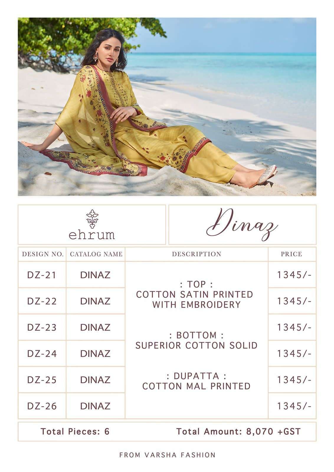 DINAZ BY EHRUM 21 TO 26 SERIES BEAUTIFUL SUITS COLORFUL STYLISH FANCY CASUAL WEAR & ETHNIC WEAR COTTON SATIN PRINT DRESSES AT WHOLESALE PRICE