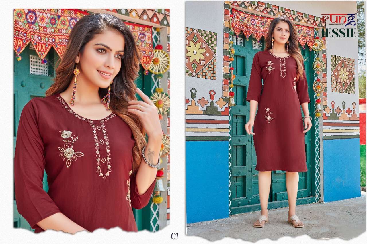 JESSIE BY RUNG 01 TO 08 SERIES DESIGNER STYLISH FANCY COLORFUL BEAUTIFUL PARTY WEAR & ETHNIC WEAR COLLECTION CHINNON SILK KURTIS AT WHOLESALE PRICE