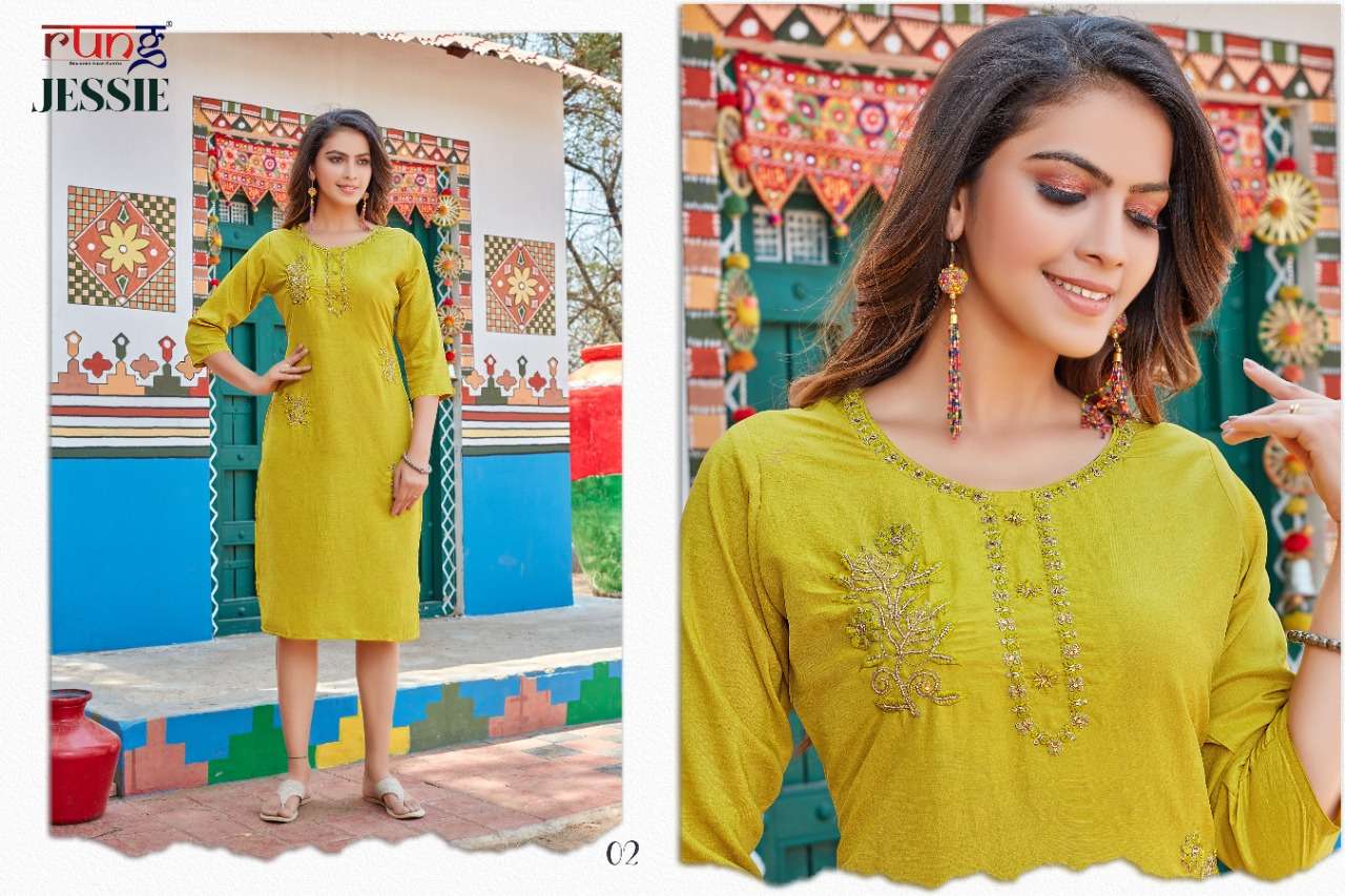 JESSIE BY RUNG 01 TO 08 SERIES DESIGNER STYLISH FANCY COLORFUL BEAUTIFUL PARTY WEAR & ETHNIC WEAR COLLECTION CHINNON SILK KURTIS AT WHOLESALE PRICE