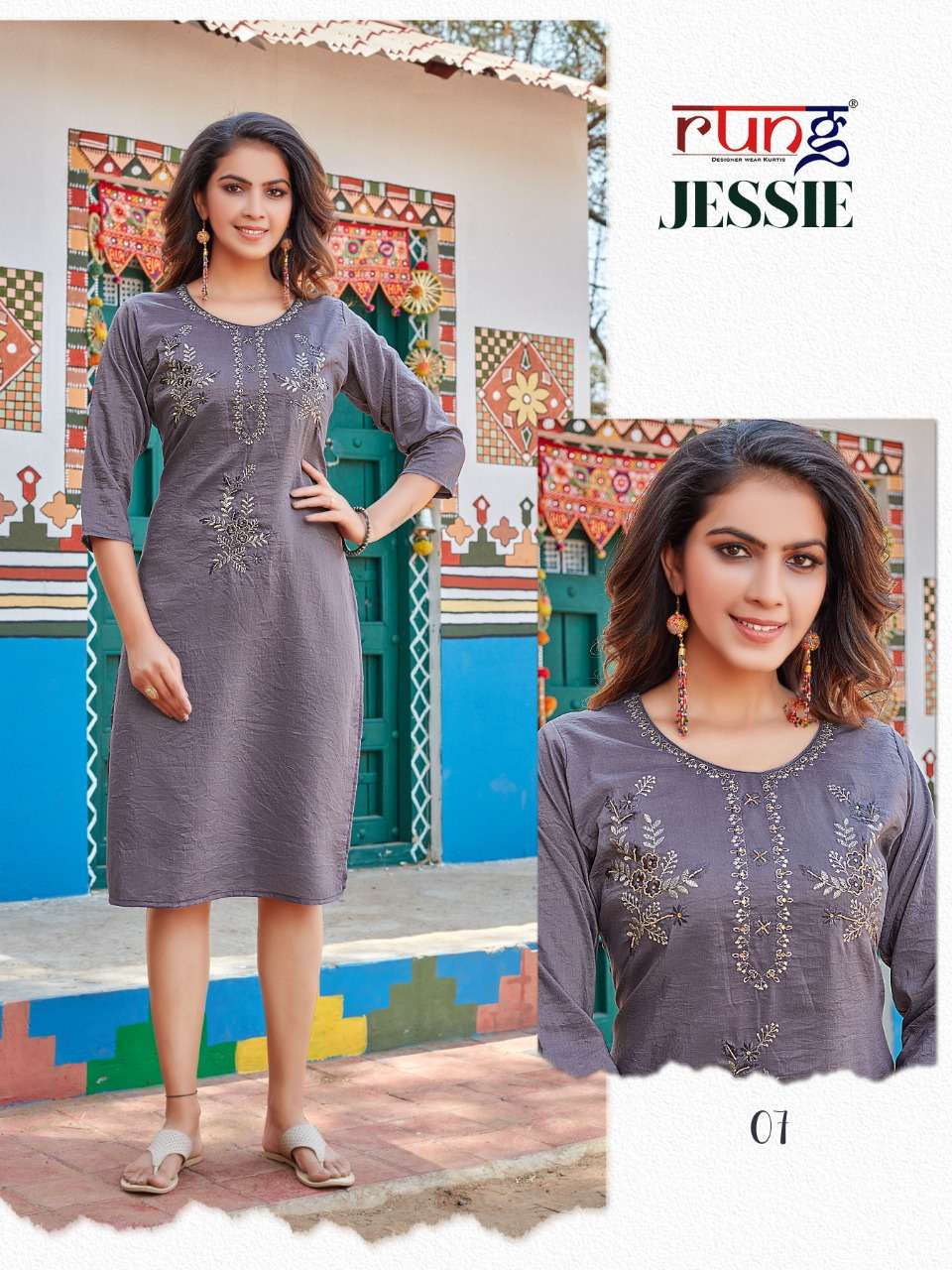JESSIE BY RUNG 01 TO 08 SERIES DESIGNER STYLISH FANCY COLORFUL BEAUTIFUL PARTY WEAR & ETHNIC WEAR COLLECTION CHINNON SILK KURTIS AT WHOLESALE PRICE