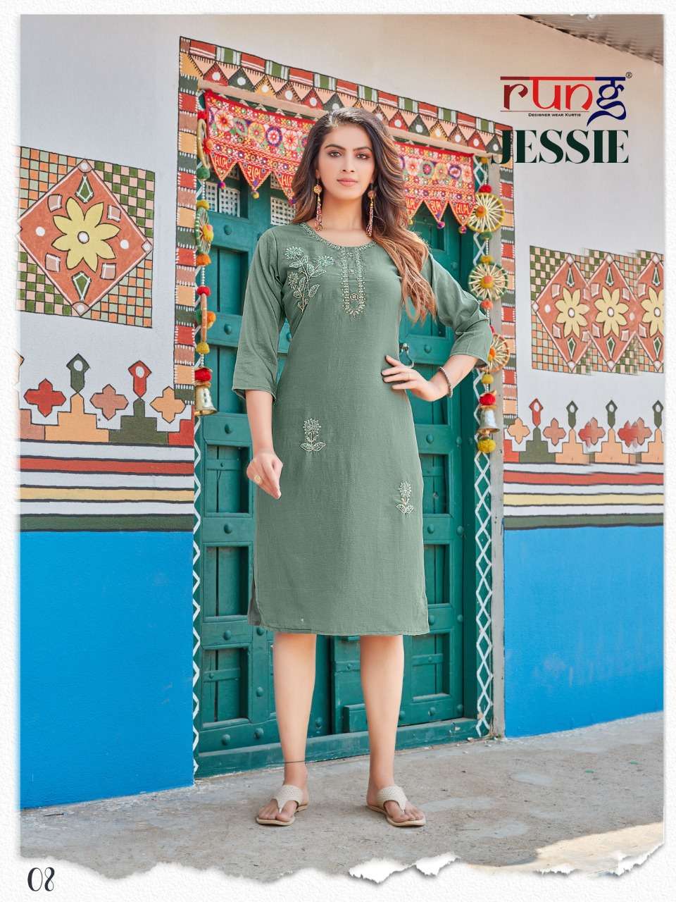 JESSIE BY RUNG 01 TO 08 SERIES DESIGNER STYLISH FANCY COLORFUL BEAUTIFUL PARTY WEAR & ETHNIC WEAR COLLECTION CHINNON SILK KURTIS AT WHOLESALE PRICE